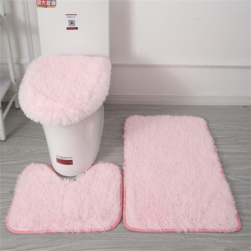 Aquarius CiCi 3-Piece Bathroom Rug Set - Super Soft Microfiber Bath Mat, Contour Rug & Toilet Lid Cover - Non-Slip Rubber Backing, Machine Washable - Pink - Perfect for Bathroom, Shower & Vanity Areas