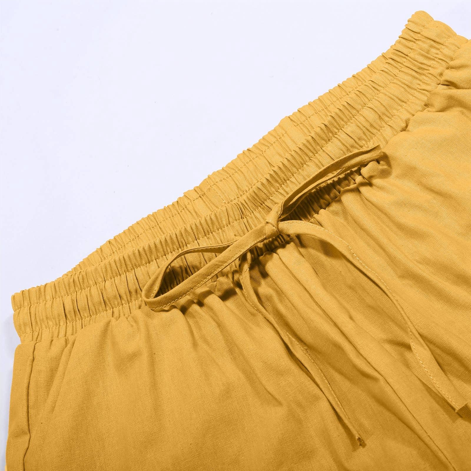 Women's 2-Piece Shorts Set - Cotton Linen Lounge Sweatsuit with Half Sleeve Top & Wide Leg Drawstring Pants | Casual Summer Outfit for Beach, Vacation & Home Relaxation | 2024 Fashion Trend in Yellow