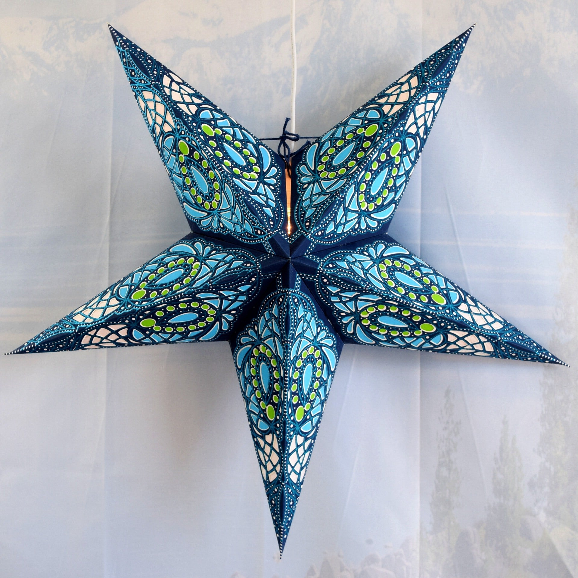 24 Inch Blue Galactic Glitter Paper Star Lantern with Pendant Light - DIY Home Decor for Bedroom, Living Room, Party & Wedding Decoration