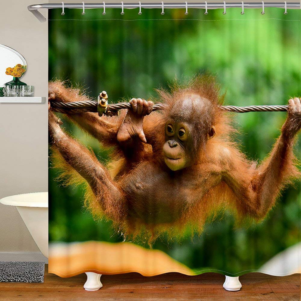 Monkey Print Shower Curtain Liner - Green Bathroom Decor for Kids & Children with Hooks, 72x78 Inches - Fun Jungle Theme for Playful Bath Time & Winter Bathroom Makeover