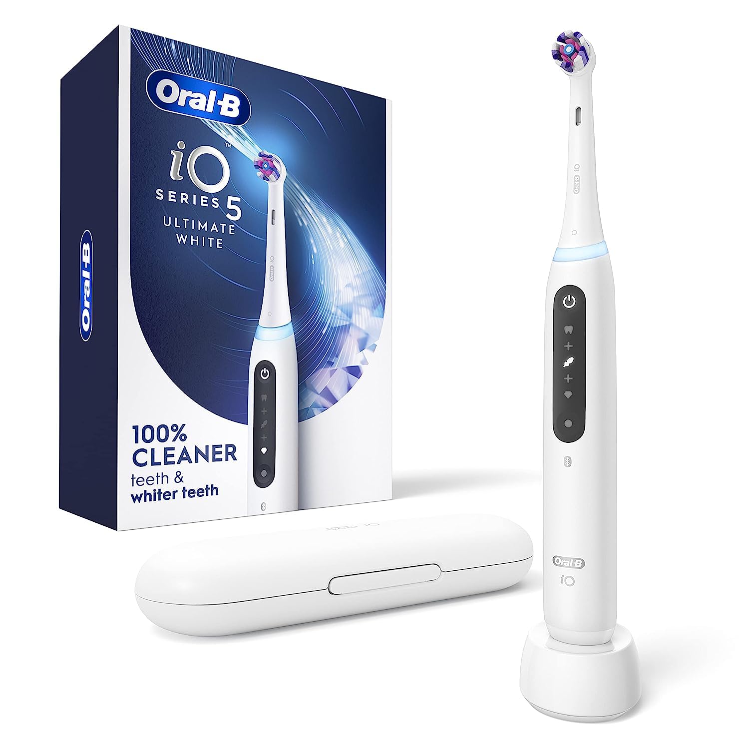 Oral-B iO Series 5 Ultimate White Electric Toothbrush with Pressure Sensor, 5 Modes & Travel Case - Professional Teeth Cleaning for Whitening, Gum Care & Fresh Breath - Perfect for Home & Travel Use