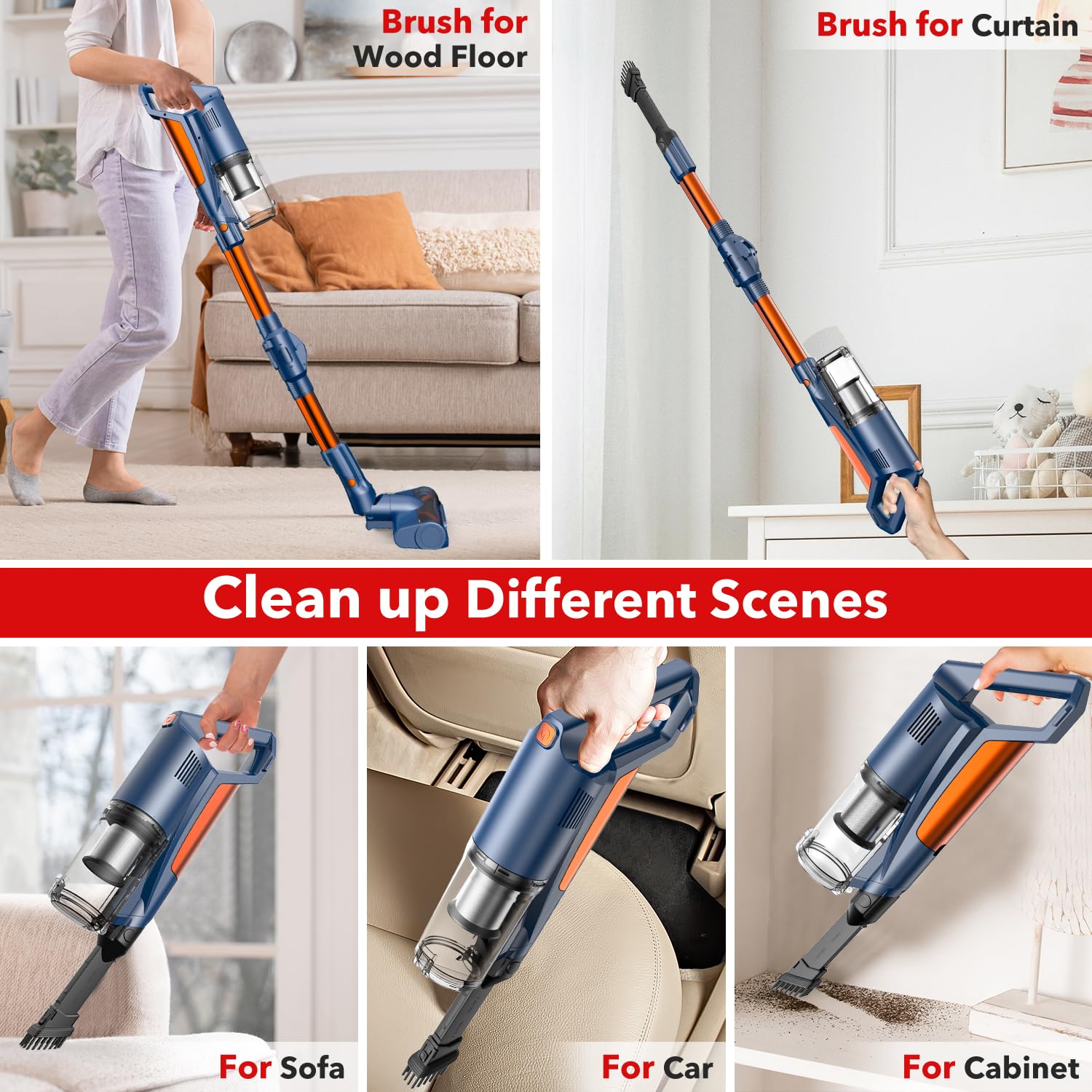 Whall Cordless Vacuum Cleaner - 25KPa Powerful Suction, 280W Brushless Motor, Lightweight Stick Vacuum for Home & Car, Handheld for Pet Hair, Carpets & Hard Floors, 55min Runtime (Blue) - Perfect for Quick Cleanups & Pet Owners