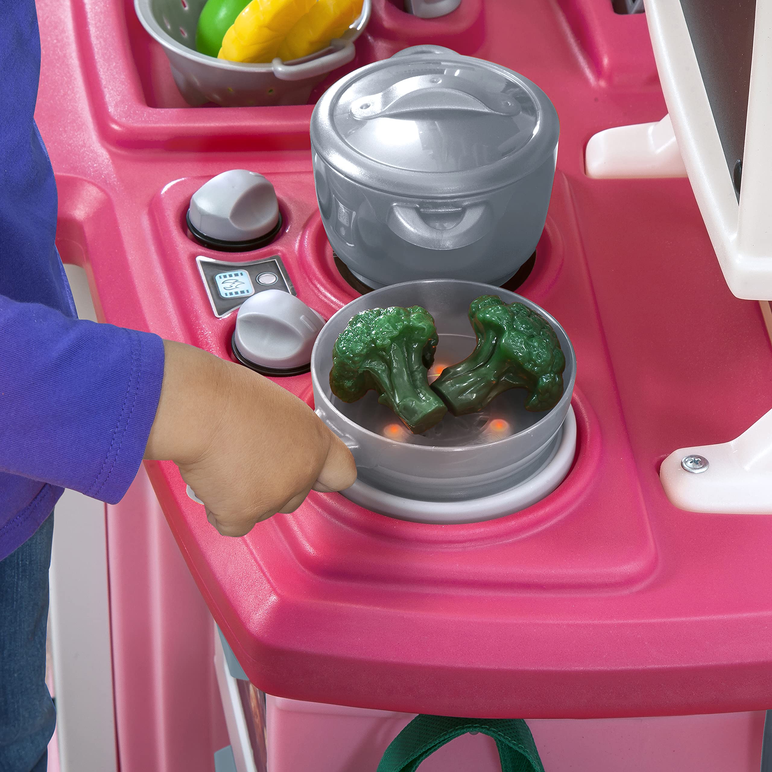 Step2 Great Gourmet Kids Kitchen Playset - Durable Plastic Indoor/Outdoor Play Kitchen with Lights & Sounds, 33-Piece Toy Accessories for Toddlers Ages 3+ (Pink) | Pretend Play, Birthday Gift, Daycare & Preschool Learning Toy