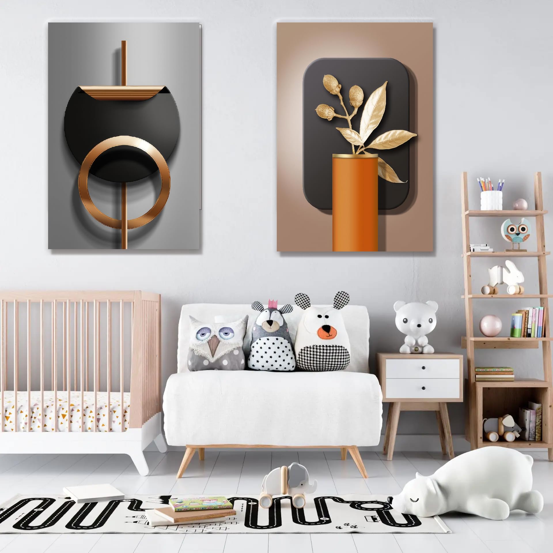 2-Piece 3D Geometric Abstract Wall Art - Black Copper Canvas Prints with Stereoscopic Effect, Nordic Luxury Home Decor for Living Room & Bedroom | Modern Black Gold Gray Artwork for Contemporary Spaces
