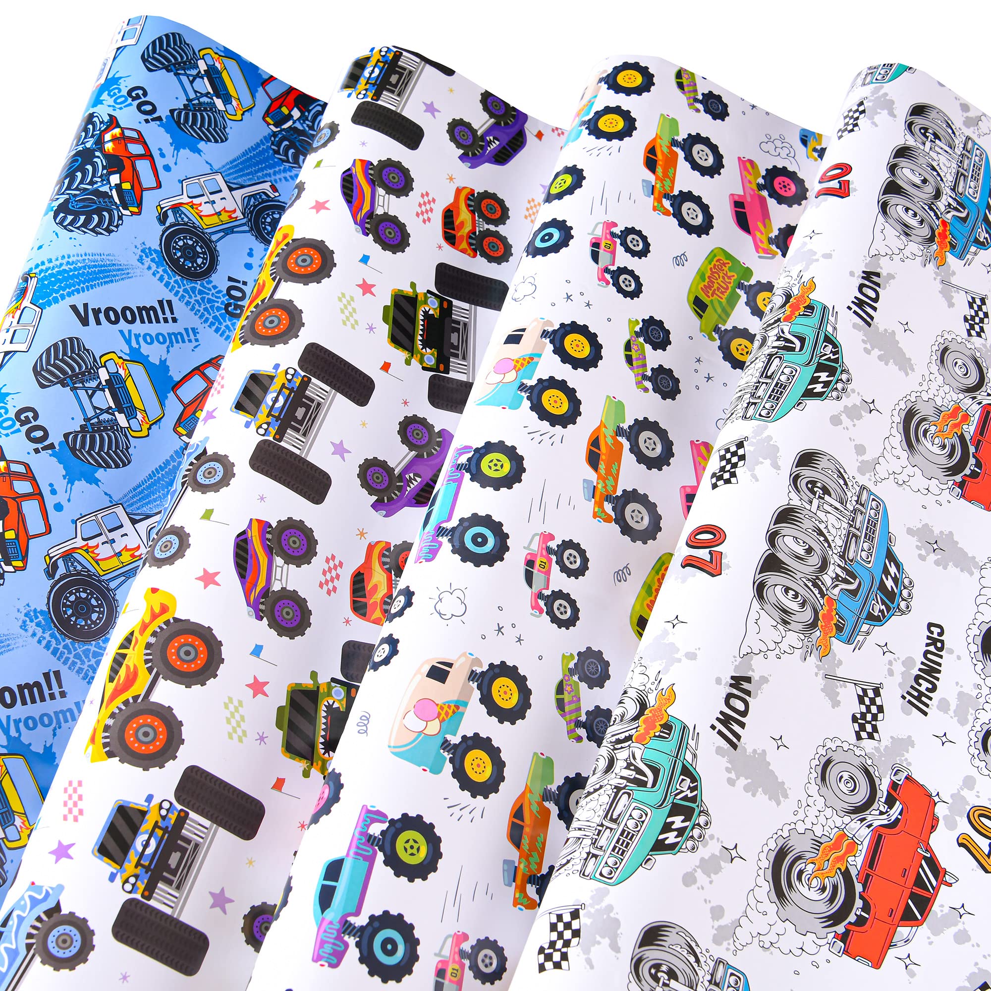 Titiweet Monster Truck Wrapping Paper for Boys - 12 Sheets Racing Car Gift Wrap (20x28 Inches) for Christmas, Birthday & Holidays | Perfect for Kids' Parties, Gifts & Toy Car Enthusiasts