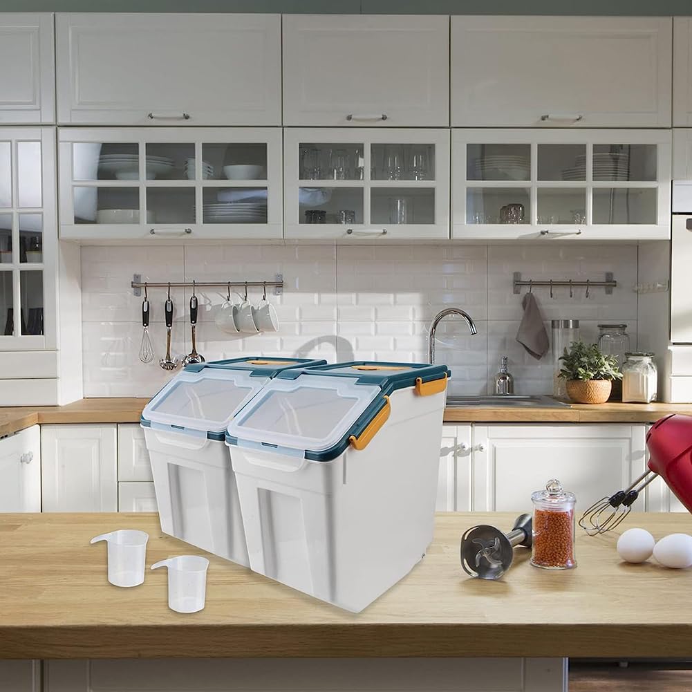 2-Pack 25Lb Large Airtight Food Storage Containers with Wheels & Locking Lid - BPA-Free Flour, Rice, Grain Bin with Measuring Cup & Scoop - Ideal for Kitchen Pantry Organization & Bulk Food Storage (Blue)