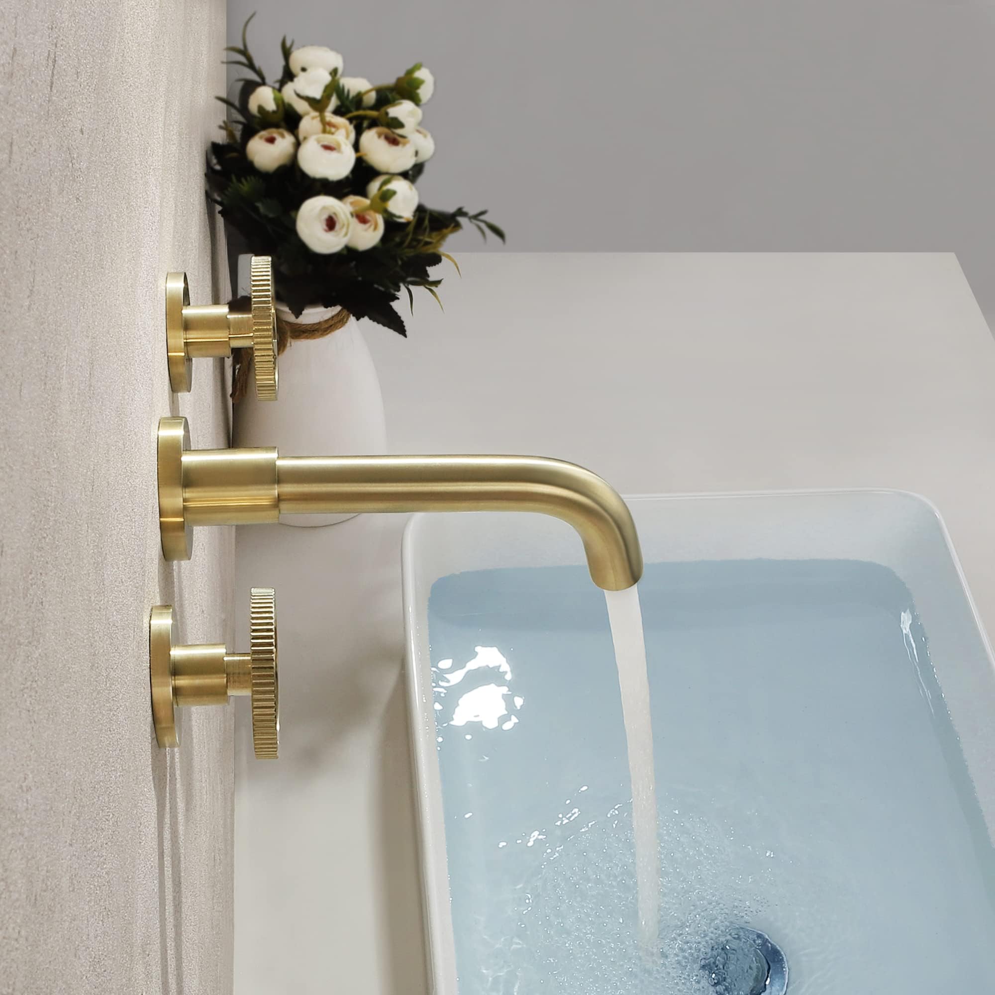 SKOWLL 3 Hole Widespread Bathroom Sink Faucet - Brushed Gold Brass Vessel Faucet with 360° Swivel Spout, Wall Mounted Modern Design for Bathroom Vanity & Powder Room