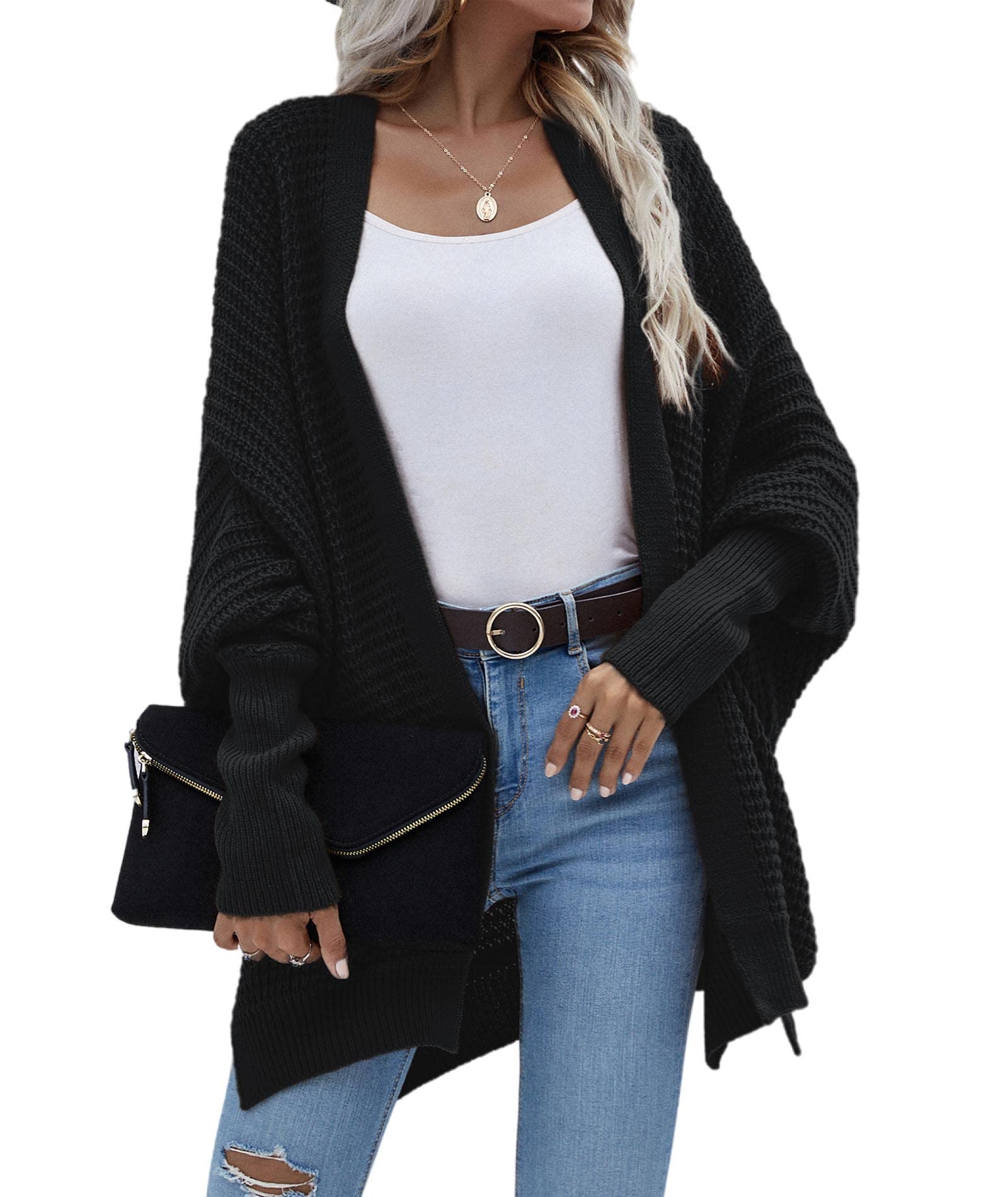 FYEARFOX Women's Long Sleeve Waffle Knit Cardigan - Ribbed Open Front Crochet Sweater | Cozy Loose Fit Fall Winter Outwear for Casual Wear, Office & Date Nights