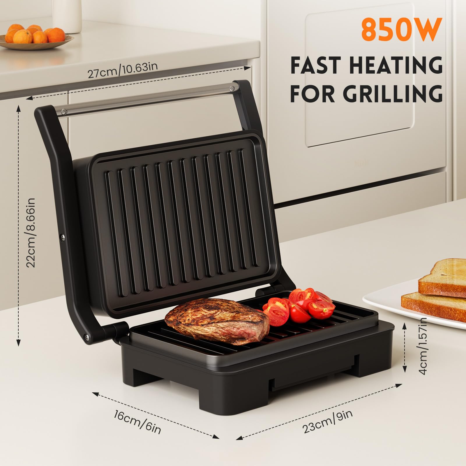 Non-Stick Electric Panini Press & Indoor Grill - Compact Sandwich Maker for Ham, Eggs, Steaks - Perfect for Breakfast, Lunch & Quick Meals (Silver)