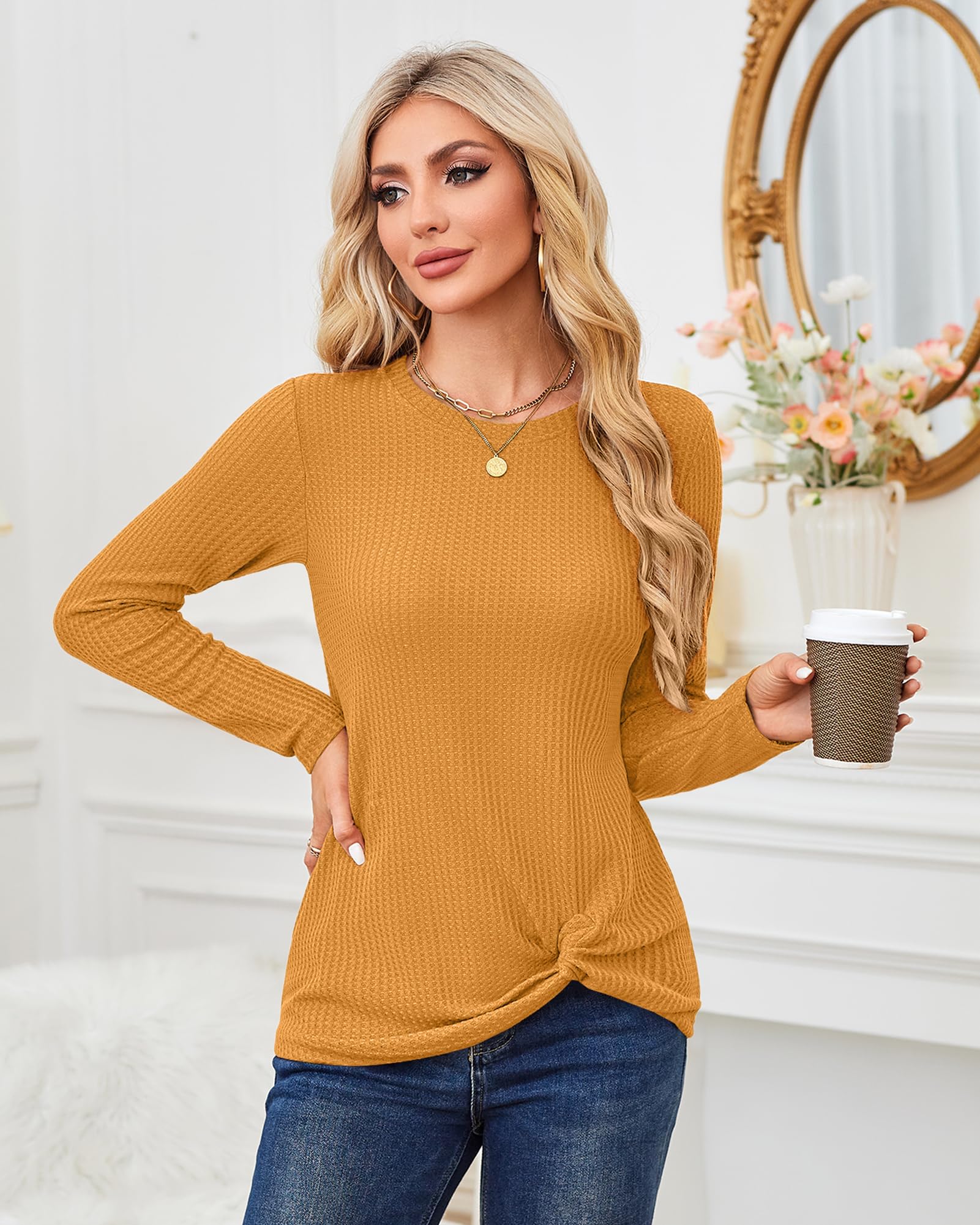 MISFAY Women's Casual Long Sleeve Knit Top - Cute Twist Knot Waffle Shirt for Fall & Winter | Comfortable Loungewear, Office Outfit & Date Night Fashion