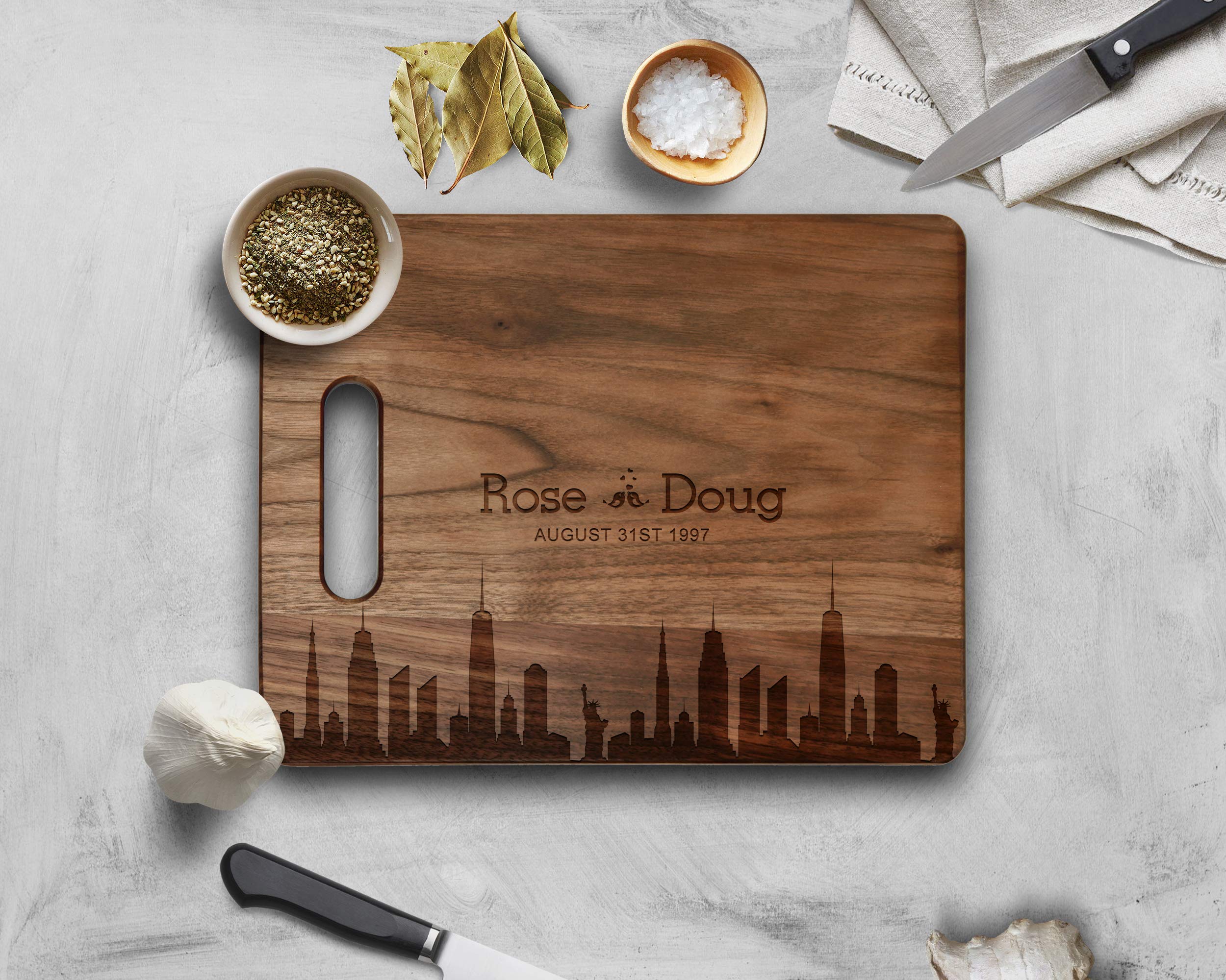 Personalized Walnut Cutting Board with Engraved City Skyline Design - Custom Wood Chopping Board for Kitchen, Wedding Anniversary & Housewarming Gift - Perfect for Home Chefs, Couples & New Homeowners