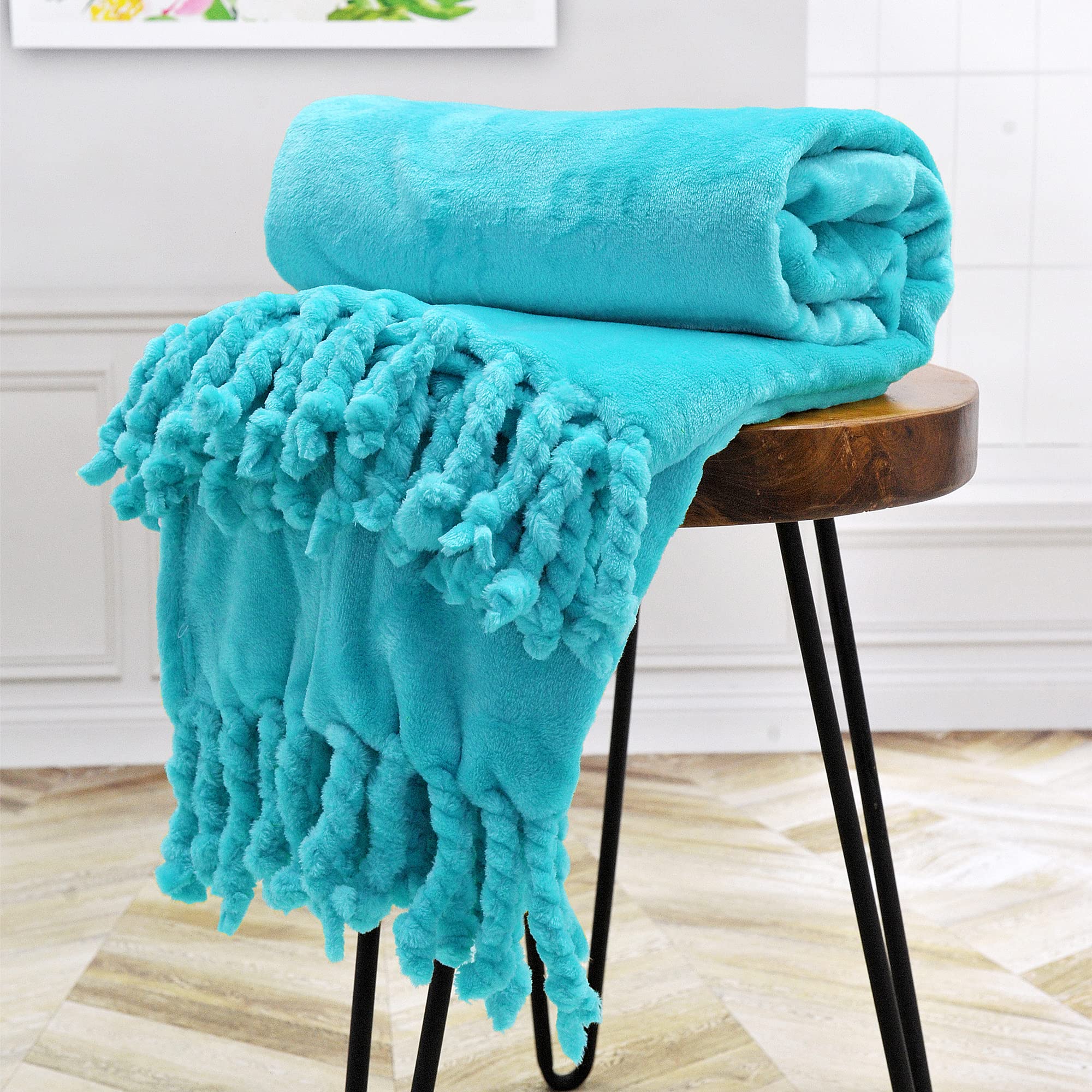 Cozy Flannel Fleece Throw Blanket with Braided Rope Fringe Tassels - Ultra Soft Plush Warm Blanket for Couch, Sofa, Bed & Chair - 50x60 Inch Blue Home Decor - Perfect for Lounging, Movie Nights & Winter Comfort