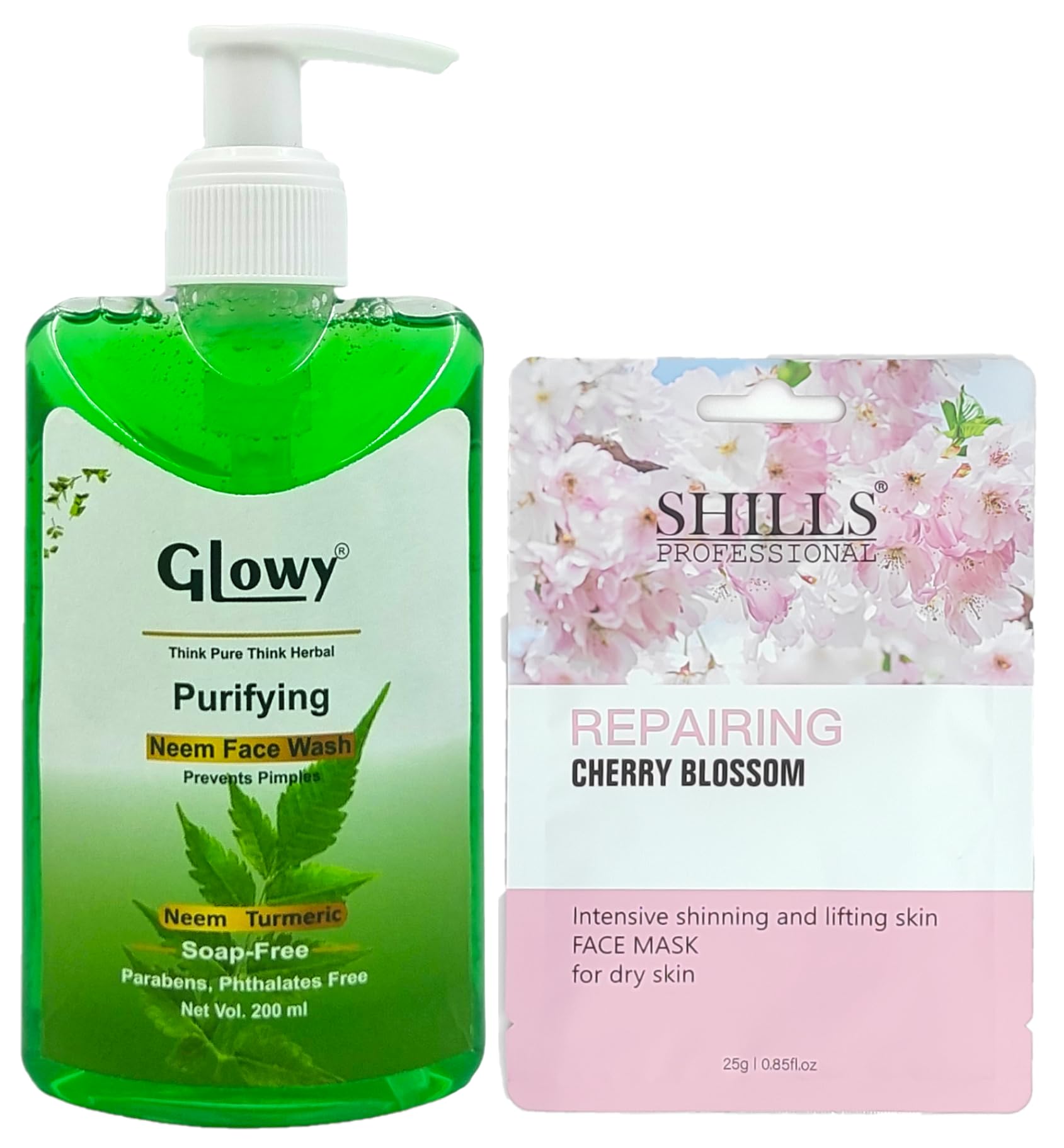 GLOWY Radiant Skin Duo: Himalayan Neem Face Wash & Cherry Blossom Sheet Mask for Men & Women - Hydrating & Brightening Skincare Routine for All Skin Types