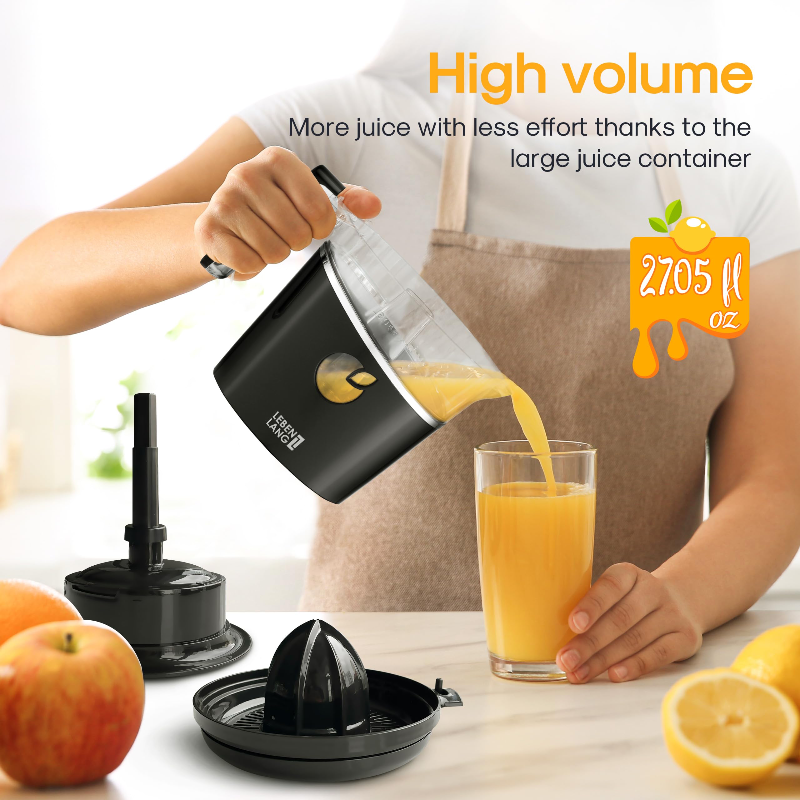 BPA-Free Electric Orange Juicer - 27oz Capacity with 2 Cones & Pulp Control | Automatic Citrus Juicer for Lemons, Oranges & Grapefruits | Perfect for Breakfast, Brunch & Healthy Juicing at Home