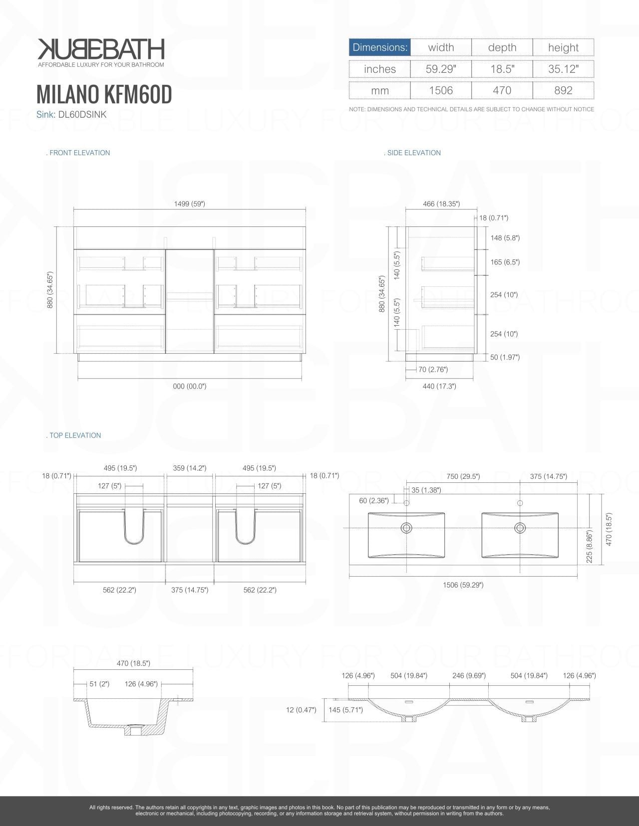 KubeBath Milano 60-Inch Double Sink Modern Bathroom Vanity with Multiple Color Options - Perfect for Master Bathroom & Guest Bathroom Renovations