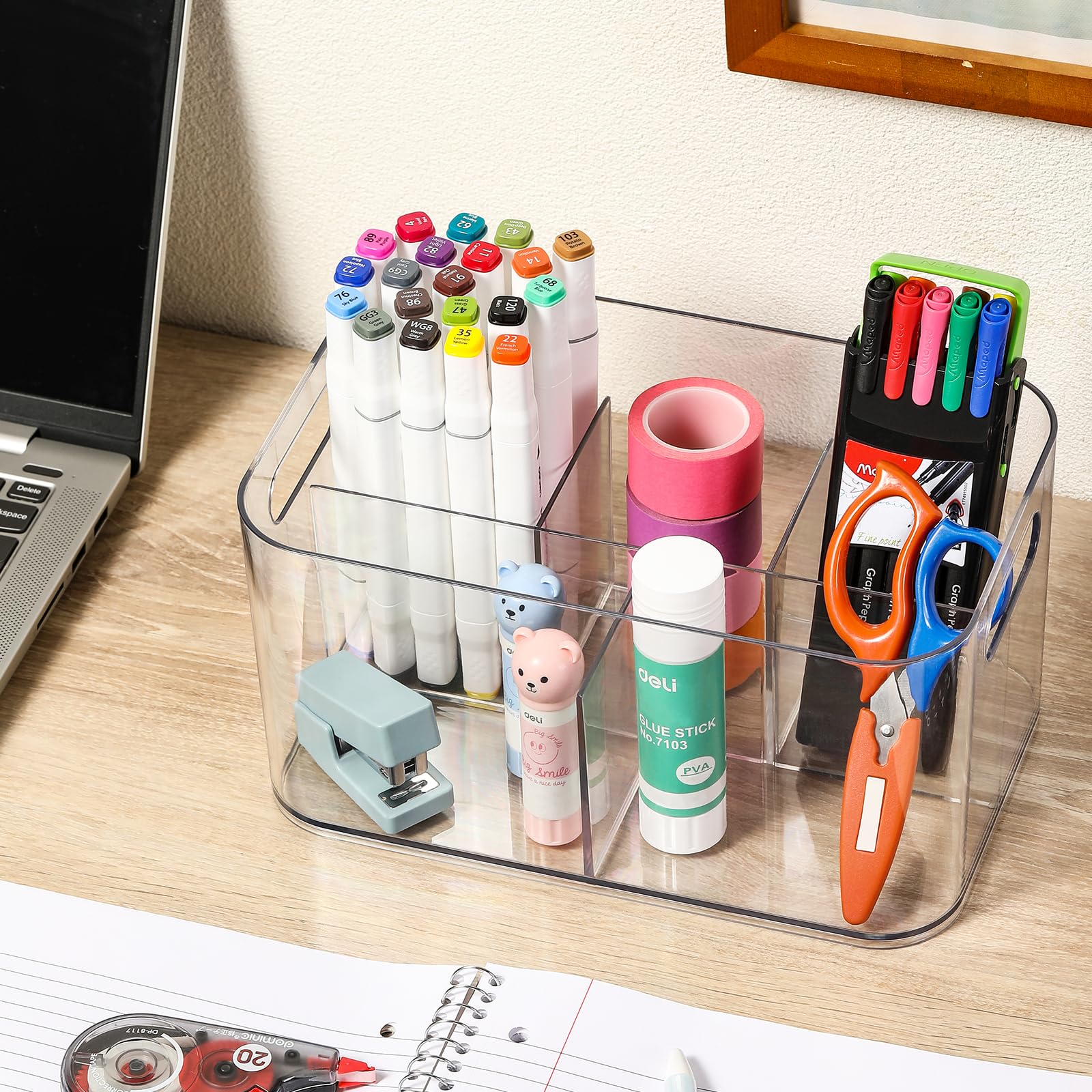 5-Compartment Clear Plastic Storage Bin - Divided Organizer for Art Supplies, Makeup & Cosmetics - Multi-Purpose Storage Container for Vanity, Bathroom, Kitchen, Office & Crafts - Perfect for Organizing Brushes, Nail Polish, Office Supplies & Cleaning Items (1 Pack)