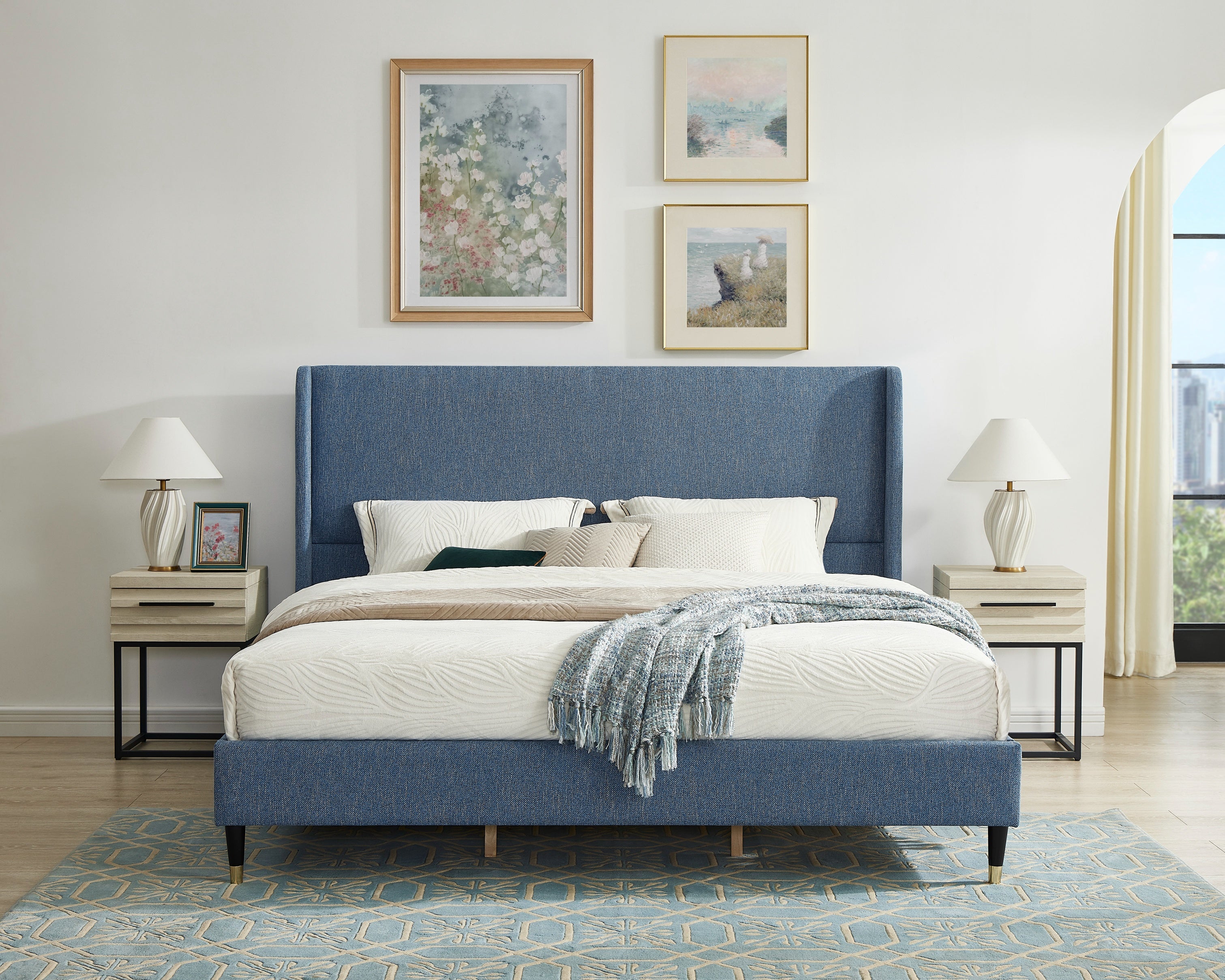 Roundhill Furniture Arles 3-Piece Upholstered Bedroom Set - Wingback Platform Bed with 2 Nightstands for Master Bedroom, Guest Room & Apartment Decor