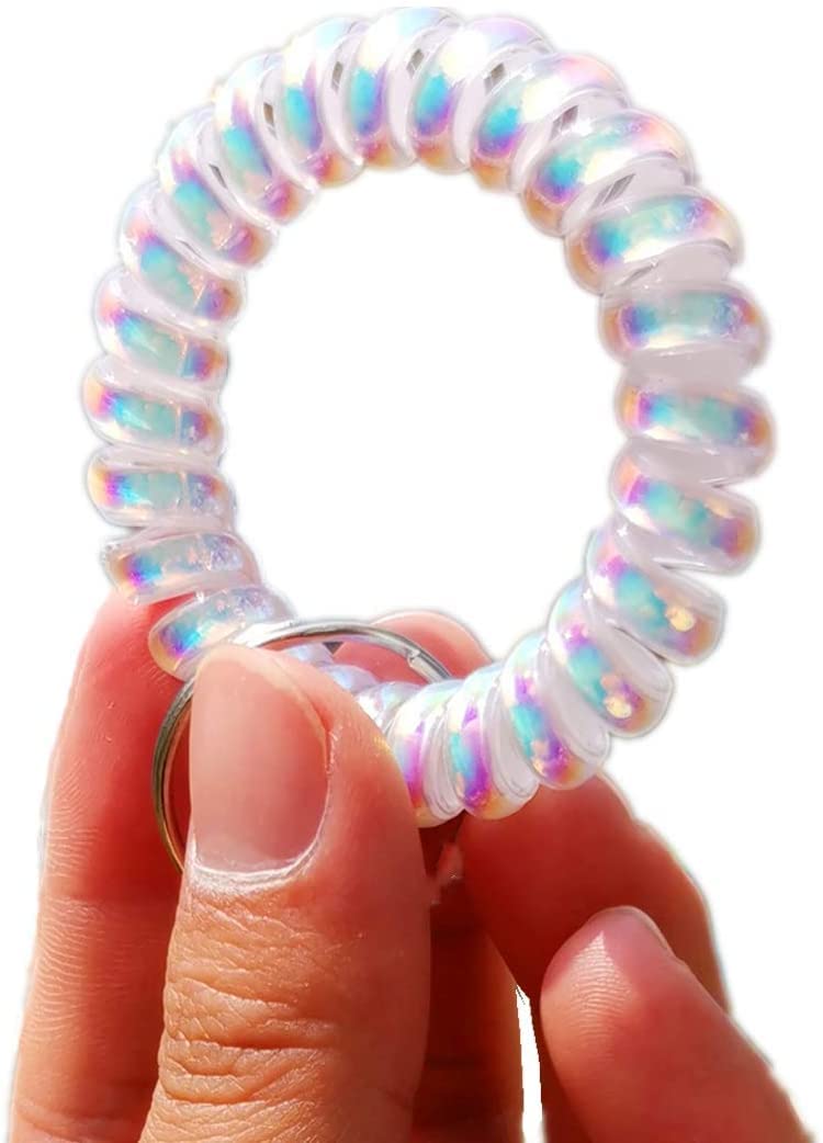 Iridescent Spiral Stretch Keychain Wristband - Pack of 5 Colorful Coil Bracelets for Keys, Jewelry & Accessories Organization - Perfect for Home, Office, Gym & Travel Use