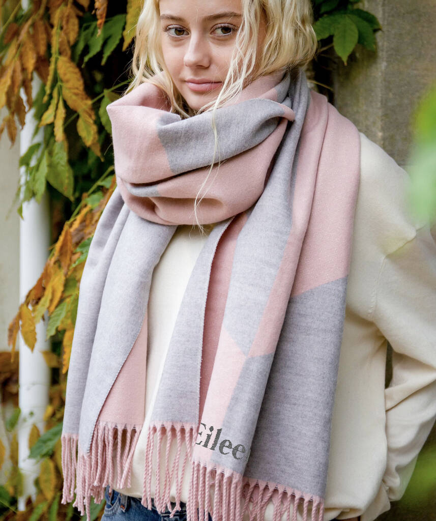 Personalized Cashmere Blend Scarf - Soft Pink & Grey Wrap for Women | Winter Fashion Accessory | Gift for Her | Perfect for Cold Weather & Holiday Outfits
