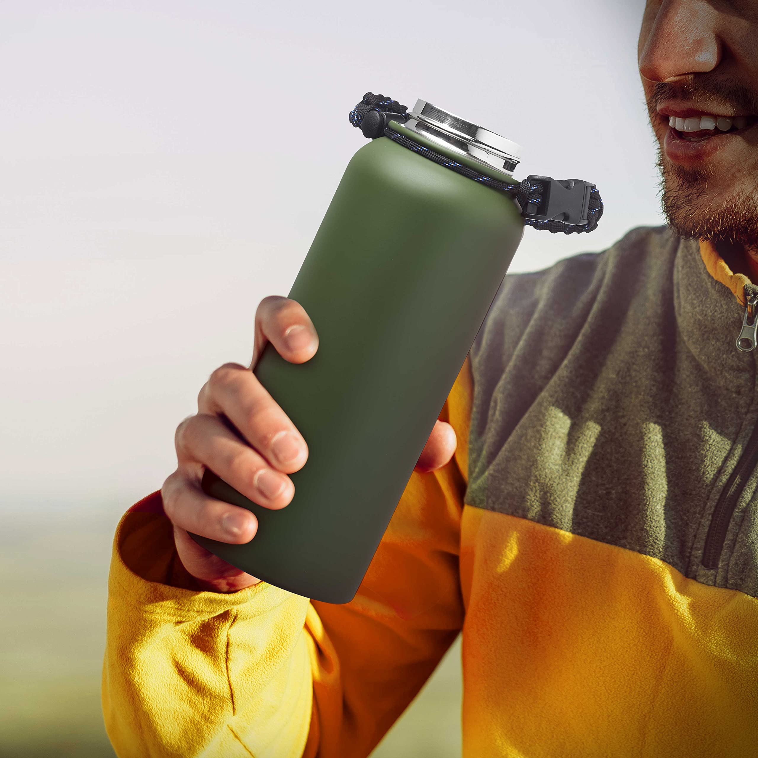 6 Pack Vulcan Stainless Steel Water Bottles 34oz - Double Wall Vacuum Insulated Army Green - Leak Proof with Strap - Perfect for Hiking, Camping & Outdoor Activities