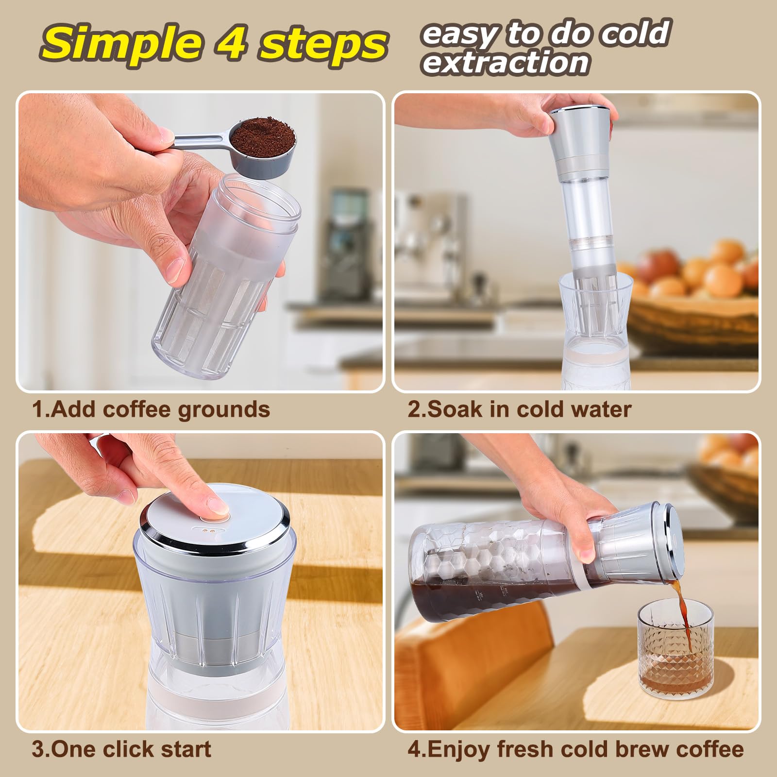 Homtone Electric Cold Brew Coffee Maker - 15-Minute Fast Iced Coffee Machine with Air Injection Technology, 2 Brew Strength Settings, Portable Design for Home, Office & Travel - Perfect for Summer Drinks, Iced Lattes & Cold Brew Concentrates