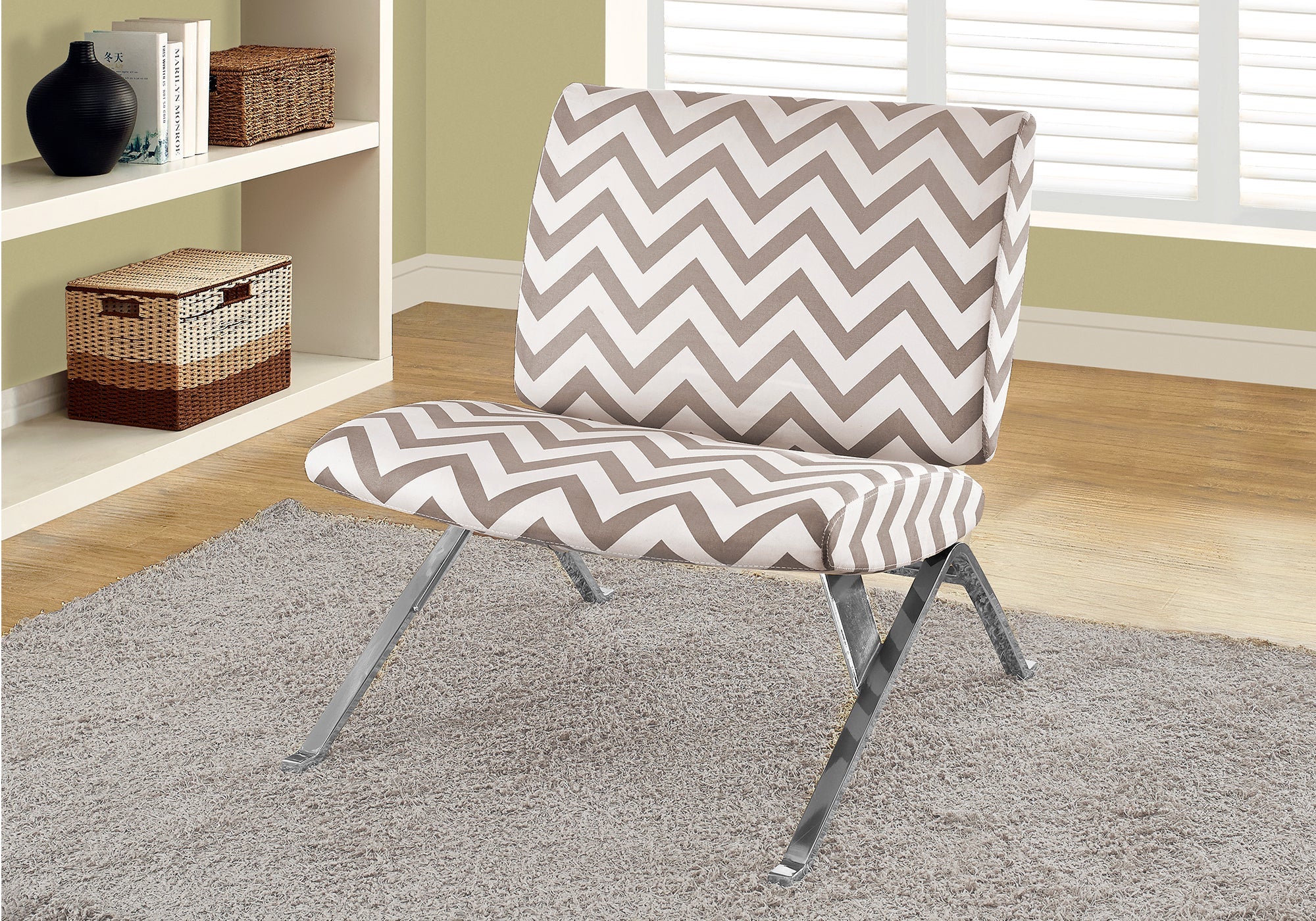 Modern Accent Chair in Dark Taupe Chevron Fabric with Chrome Metal Legs - Perfect for Living Room, Bedroom, or Office Decor