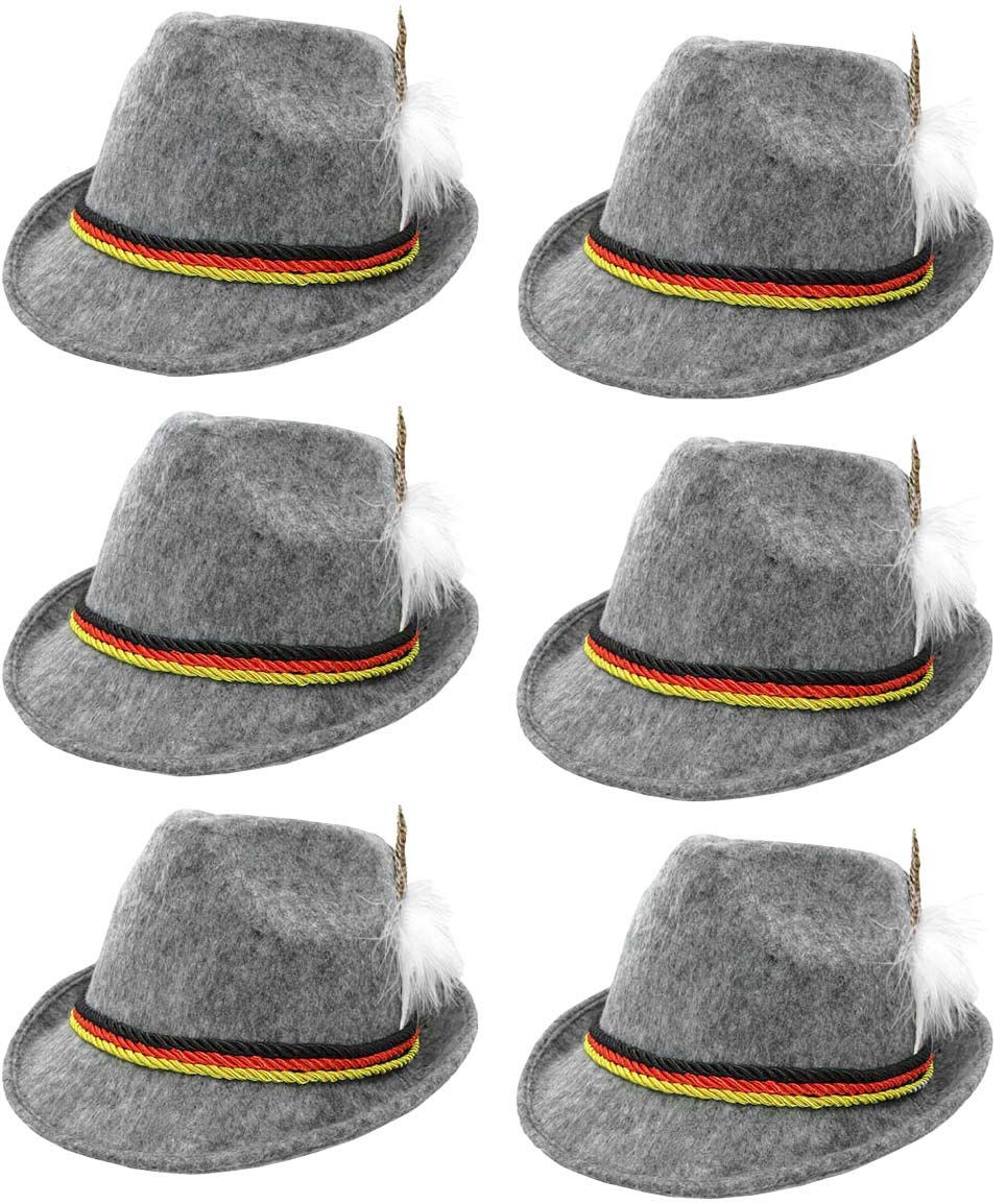 Premium German Oktoberfest Costume Set - 6 Pack Deluxe Wool Felt Gray Fedora Hats for Lederhosen Outfits | Authentic Bavarian Party Hats for Beer Festivals, Halloween & Costume Parties