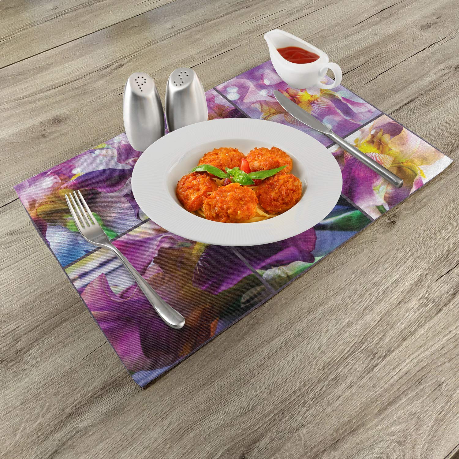 Ambesonne Rustic Place Mats Set of 4 - Blooming Iris & Orchid Floral Design on Wood Texture, Washable Fabric Table Mats for Dining Room & Kitchen Decor (Yellow & Purple) | Perfect for Spring Tablescapes, Dinner Parties & Farmhouse Style Home Decor
