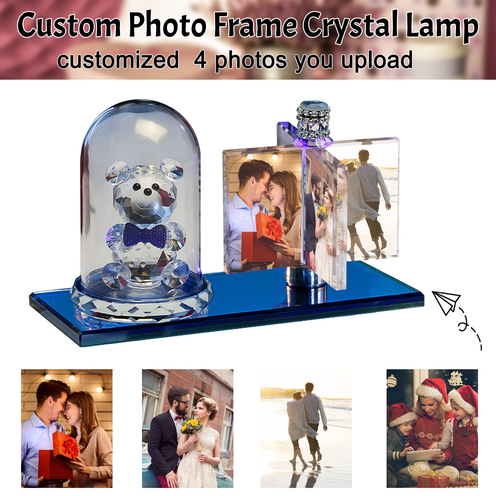 Custom 3D Rotating Windmill Crystal Photo Frame LED Night Light - Personalized Heart-Shaped Photo Album Lamp for Christmas, Valentine's Day Gifts | Perfect for Bedroom Decor, Anniversary Present & Romantic Home Lighting