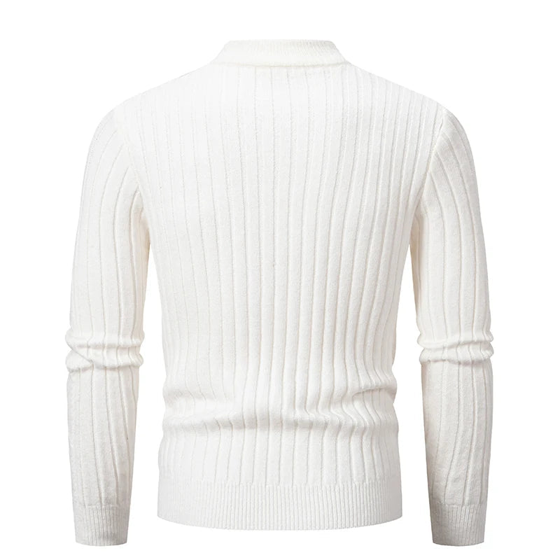 Men's Thick Striped Knit Pullover Sweater - Warm Solid Color Winter Clothing for Casual & Office Wear