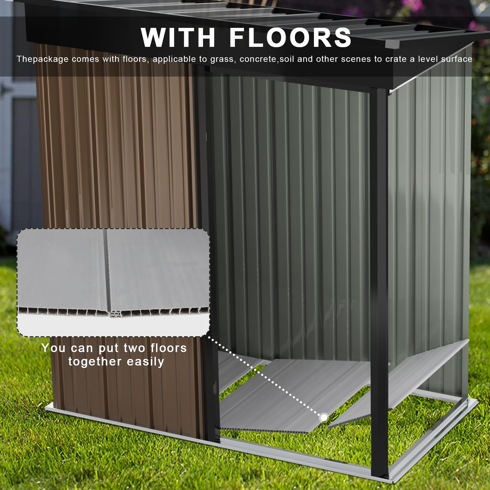 LEMBERI 5x3 FT Outdoor Storage Shed with Floor - Heavy Duty Galvanized Steel Garden Shed with Lockable Door, Waterproof & Rustproof Tool Shed for Backyard, Patio, Lawn (Brown) - Perfect for Storing Gardening Tools, Lawn Equipment & Outdoor Furniture