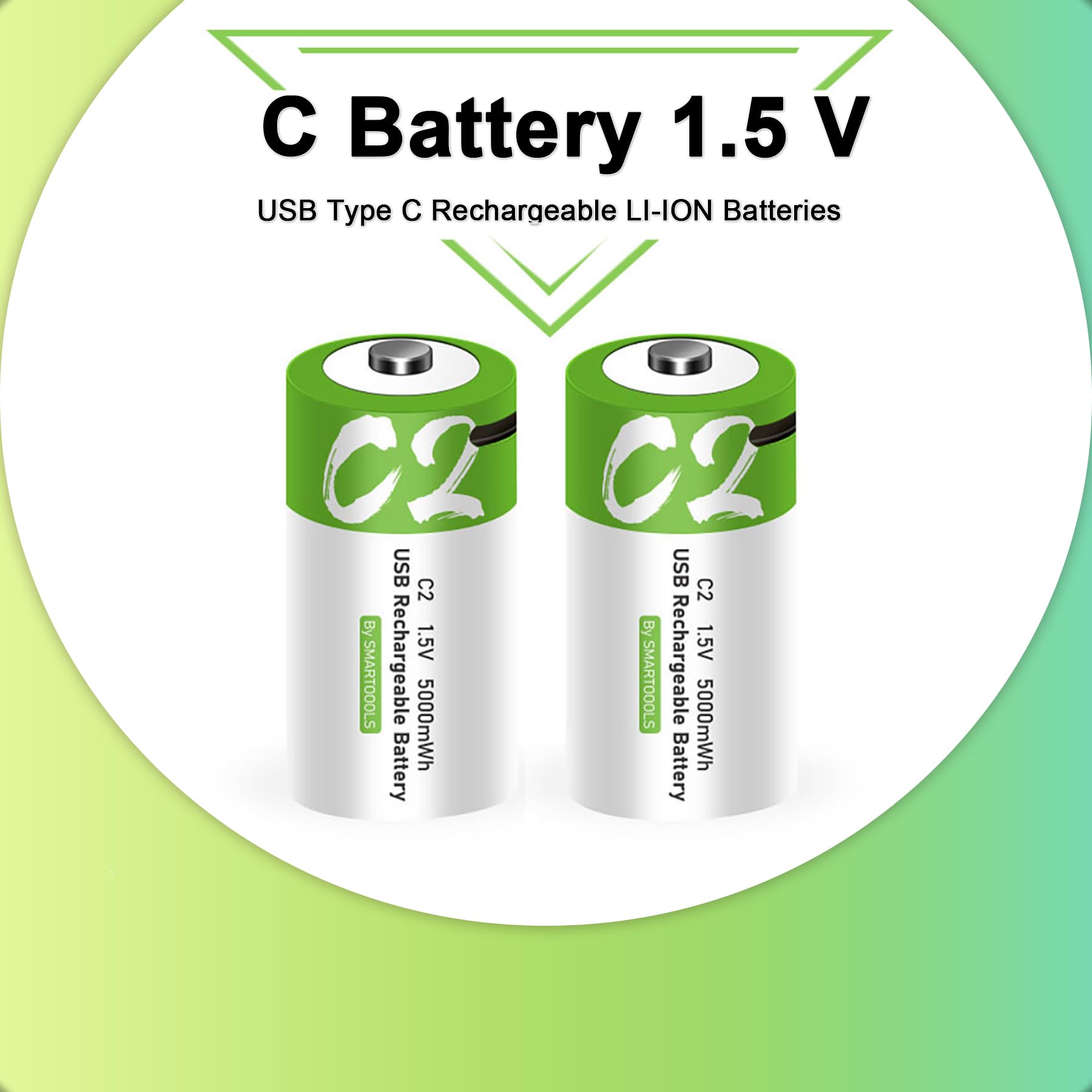 2 Pack Rechargeable C Batteries 5000mWh - 1.5V Lithium C Cell Batteries with USB Type C Charging Cable - Long Lasting Power for Flashlights, Toys, Radios & Emergency Kits