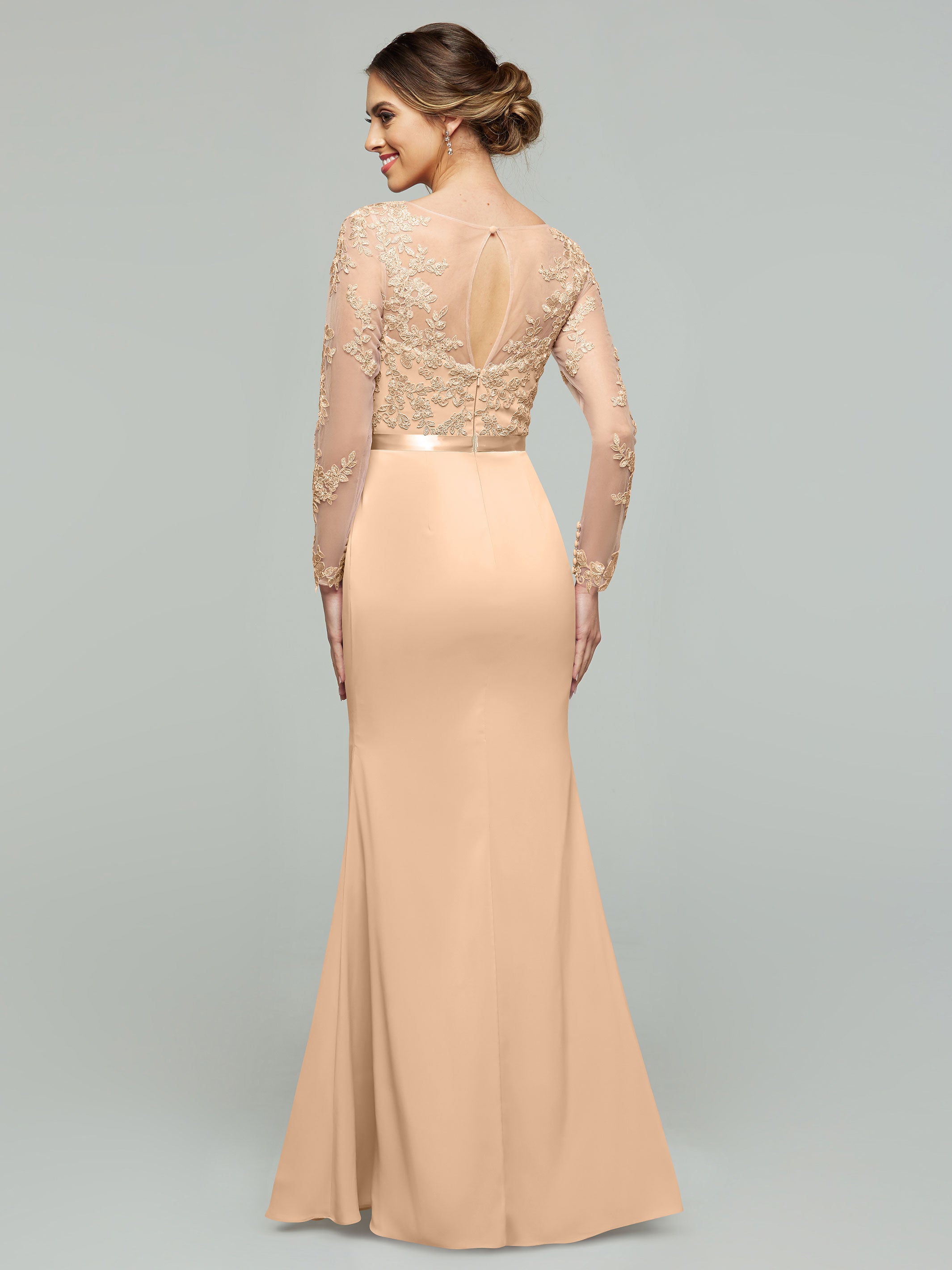 Elegant 80190 Chiffon & Lace Mermaid Bridesmaid Dress with Illusion Long Sleeves - Perfect for Weddings, Proms & Formal Events