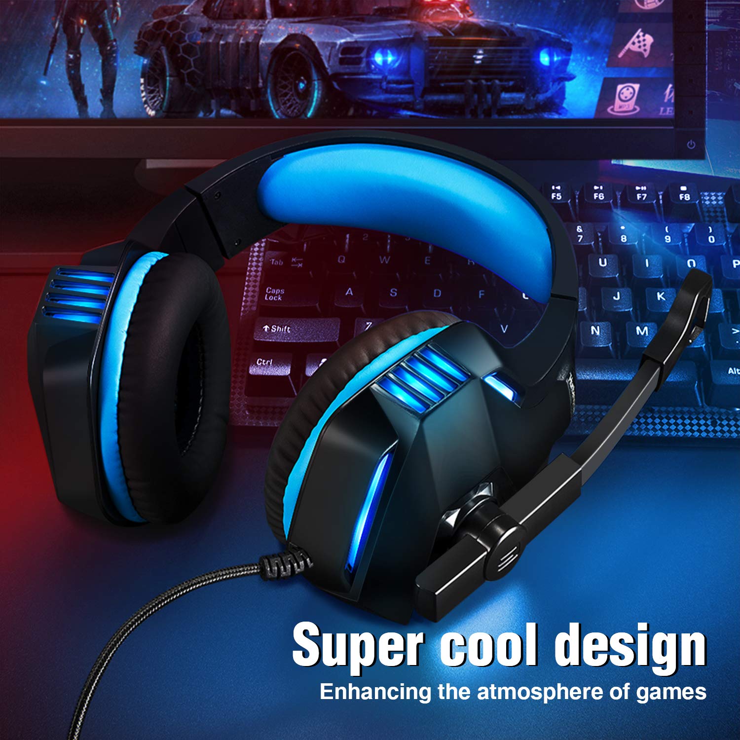 Micolindun Gaming Headset with Noise Cancelling Mic - Compatible with Xbox One, PS4, PS5, PC, Smartphones & Tablets | LED Light, Stereo Bass Surround, Soft Memory Earmuffs | Perfect for Online Gaming, Streaming & Conference Calls
