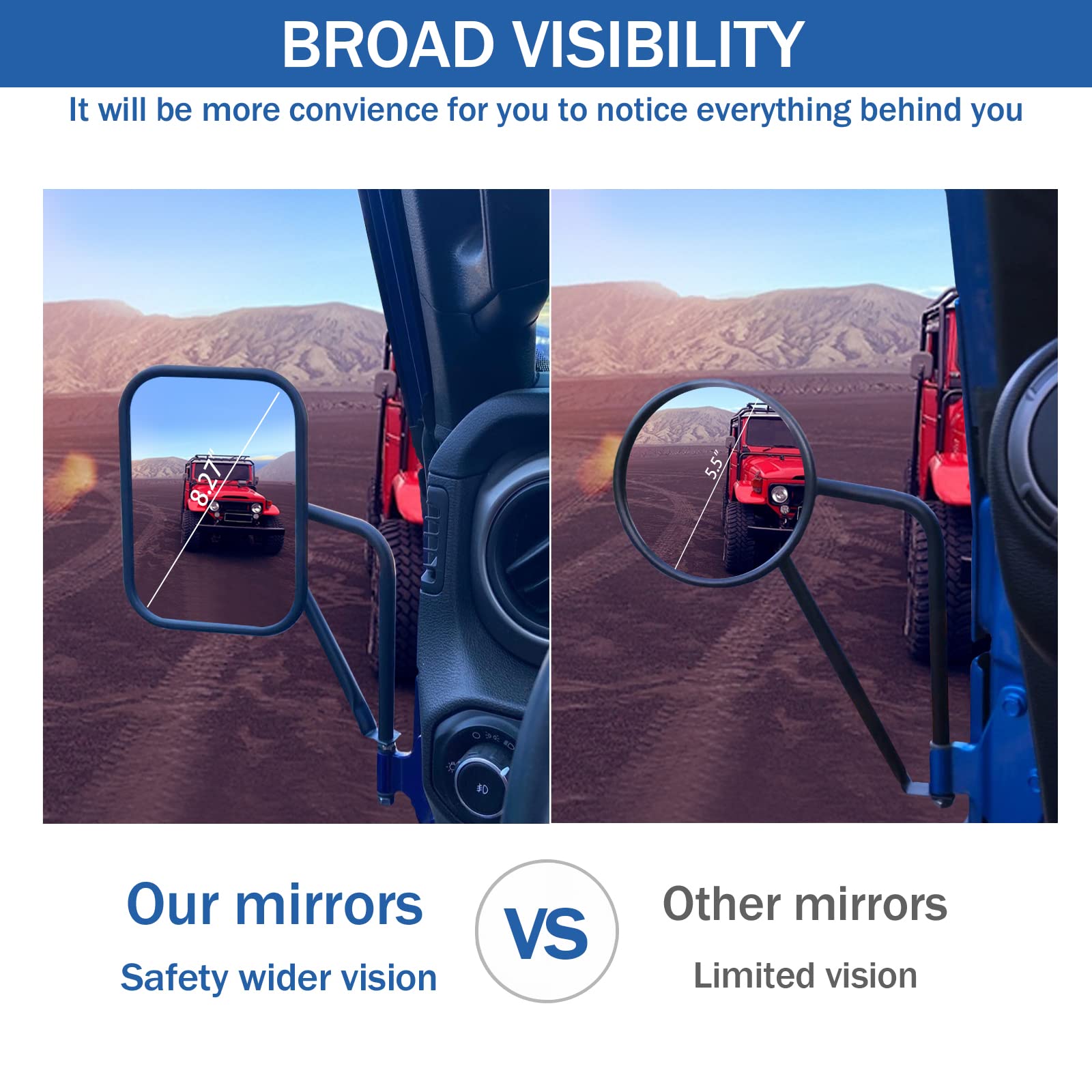 2 Pack Square Adventure Side View Mirrors for Jeep Wrangler CJ YJ TJ JK JL JT Unlimited - Quick Install Door Hinge Mirrors for Safe Doors Off Driving - Perfect for Off-Roading & Trail Adventures