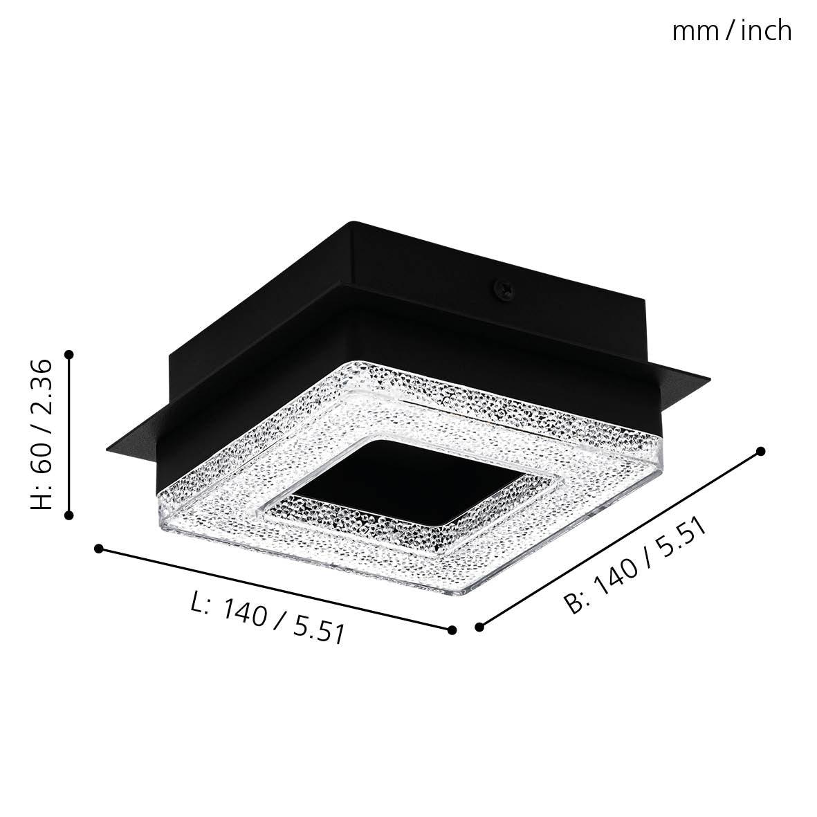 Eglo Fradelo 1 Square Black Plastic Crystal Flush Mount Ceiling Light - Modern LED Fixture for Bedroom, Bathroom & Hallway Lighting