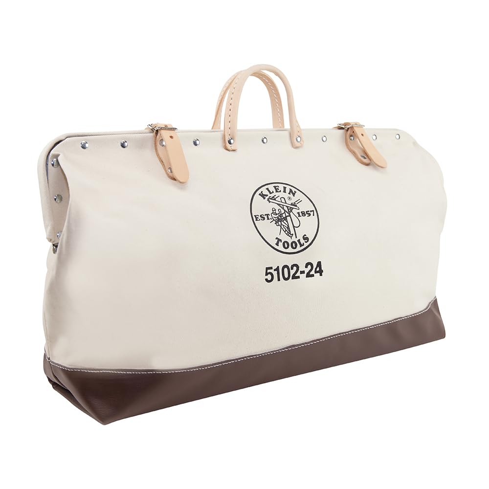 Klein Tools 5102-24 Heavy Duty Canvas Tool Bag - 24-Inch Professional Tool Tote with Wide Hinged Opening & Leather Handles - Ideal for Electricians, Contractors & DIY Projects
