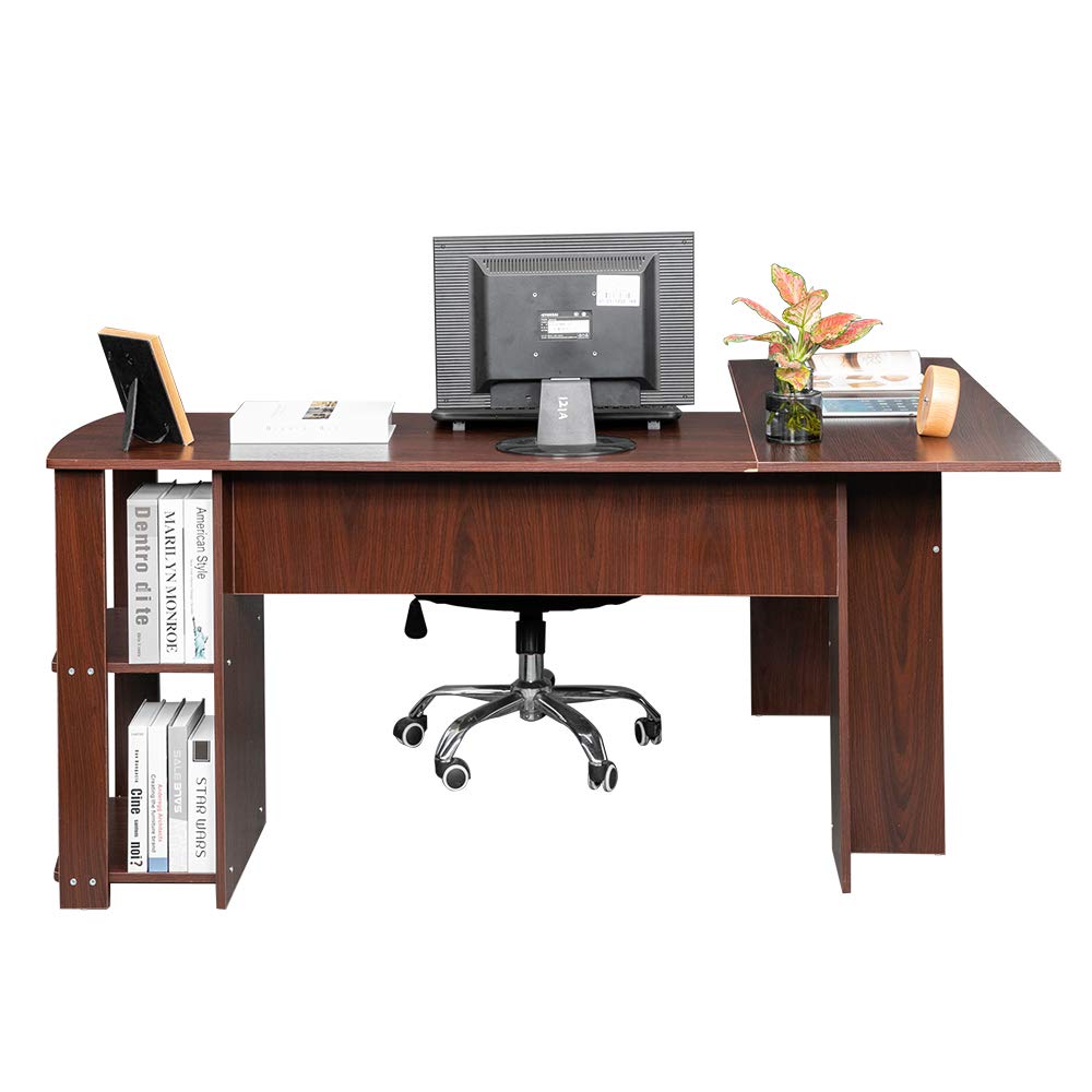 L-Shaped Computer Desk with Two-Tier Bookshelves - Dark Brown Wood Right-Angle Office Desk for Home & Workspace - Perfect for Small Spaces, Gaming Setup & Home Office Organization
