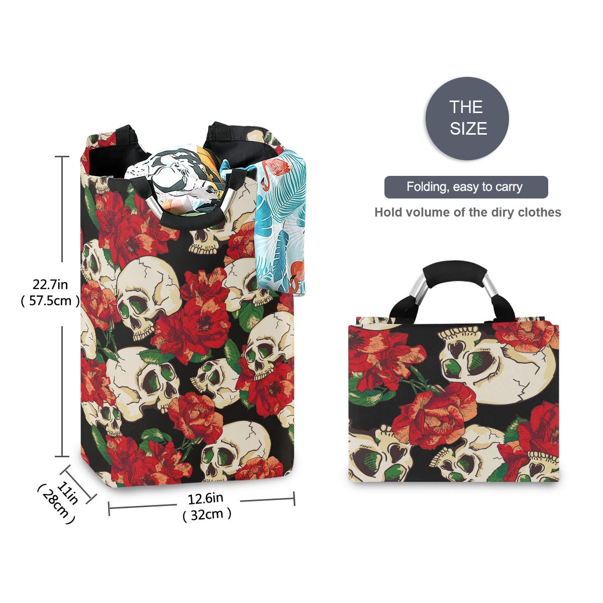 MNSRUU Foldable Laundry Bag with Handles - Skull & Flower Design Collapsible Laundry Basket Hamper for Bathroom Storage, Laundry Room Organization - Perfect for College Dorms, Travel & Home Decor