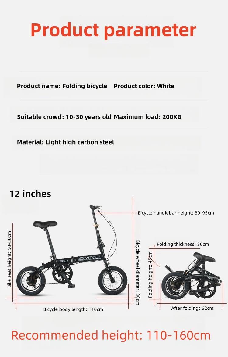 12 Inch Folding Bike for Adults - Compact & Portable Black Bicycle for Men & Women - Perfect for Commuting, Camping & Wilderness Adventures