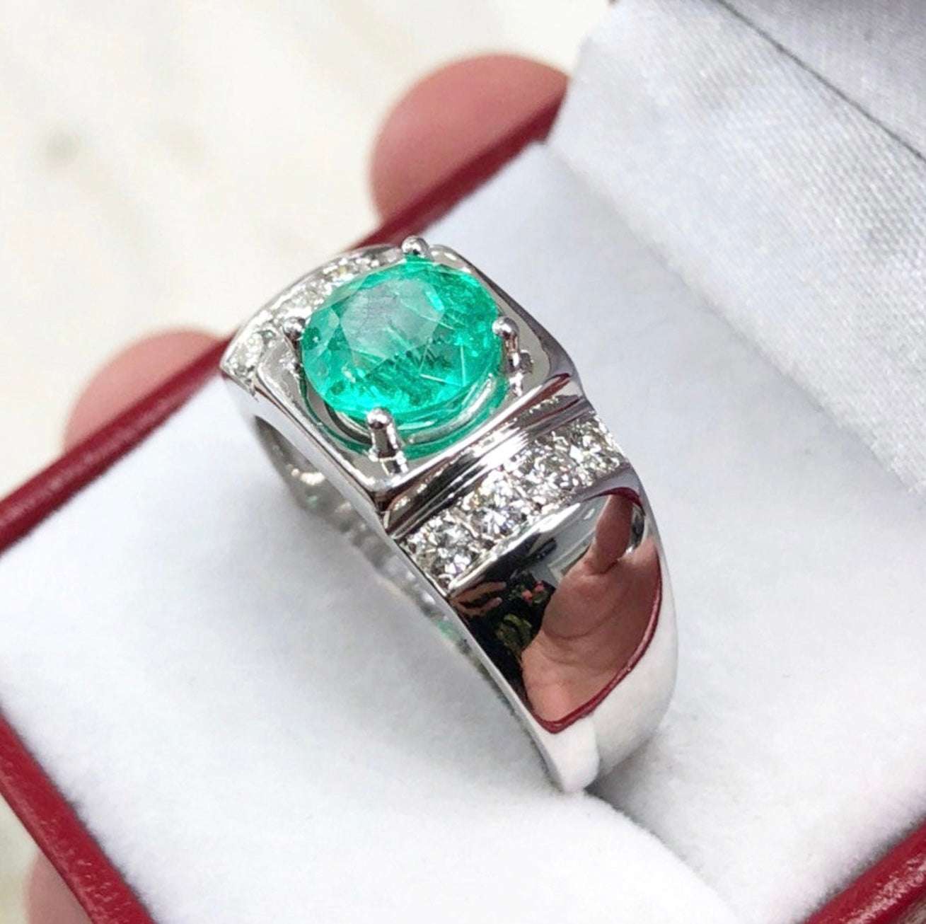 3.10tcw Round Colombian Emerald & Diamond Men's Ring for Wedding, Engagement, Anniversary - Luxury Handmade Jewelry Gift for Him