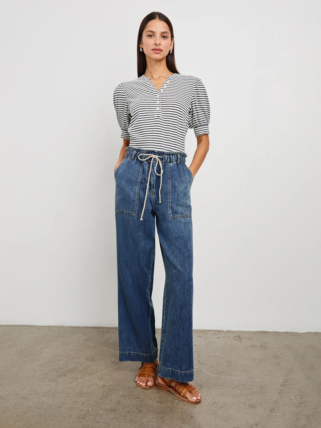 Jewel Top - Ivory & Navy Micro Stripe Women's Blouse | Elegant Casual Wear for Office, Dating & Special Occasions