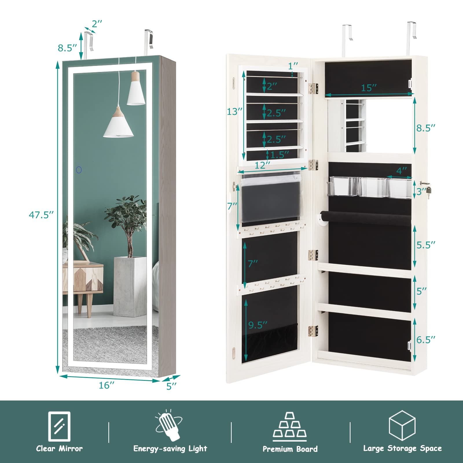 COSTWAY Wall-Mounted Jewelry Armoire with Full-Length LED Mirror | Lockable Jewelry Storage Cabinet with Large Organizer | White Jewelry Organizer for Bedroom & Living Room | Perfect for Closet Organization & Vanity Makeup Area