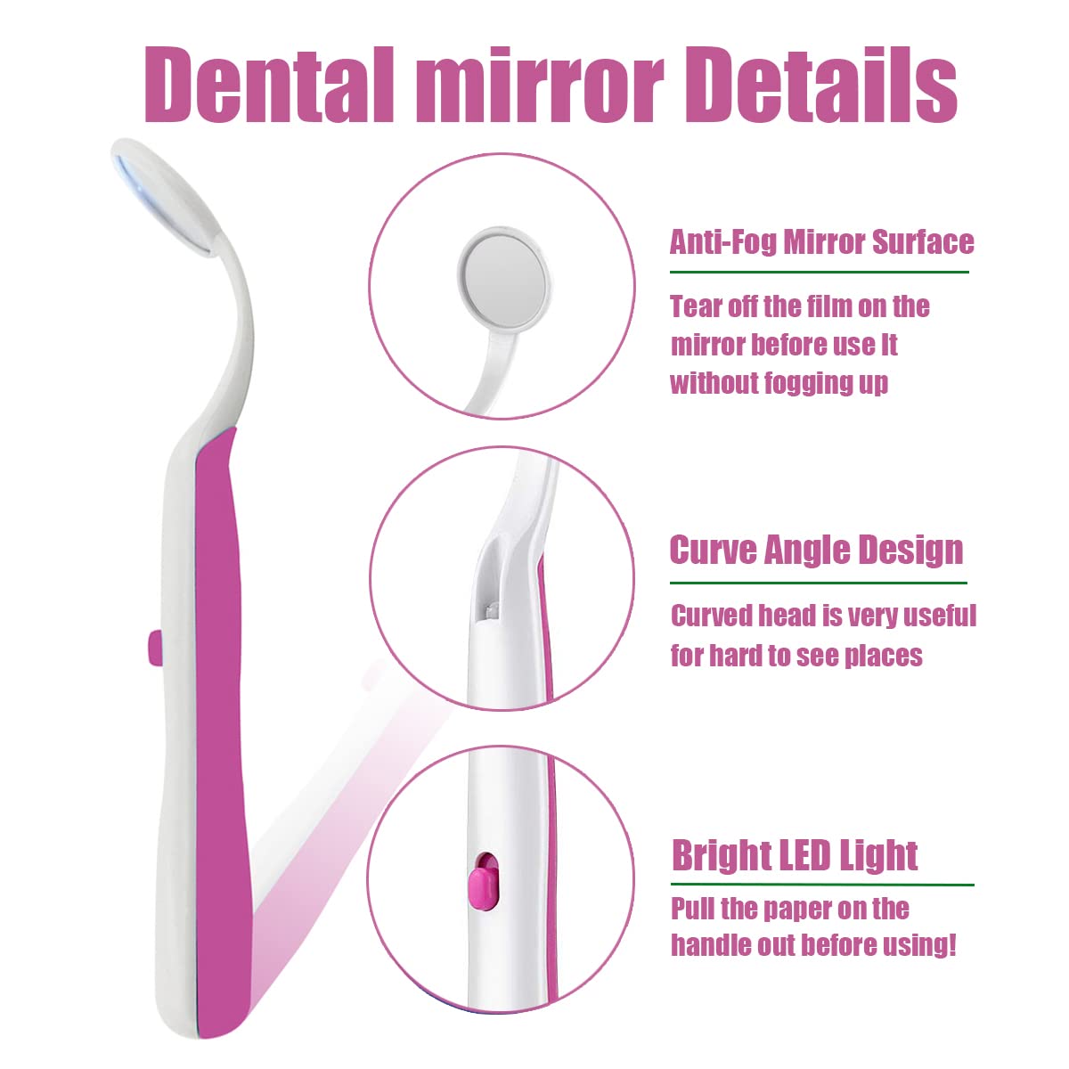 2 Pack LED Dental Mirror with Light - Anti Fog Teeth Inspection Tool, Curved Angle Dentist Oral Care Kit for Home & Professional Use (Red) - Perfect for Dental Exams, Braces Checkups & Oral Hygiene
