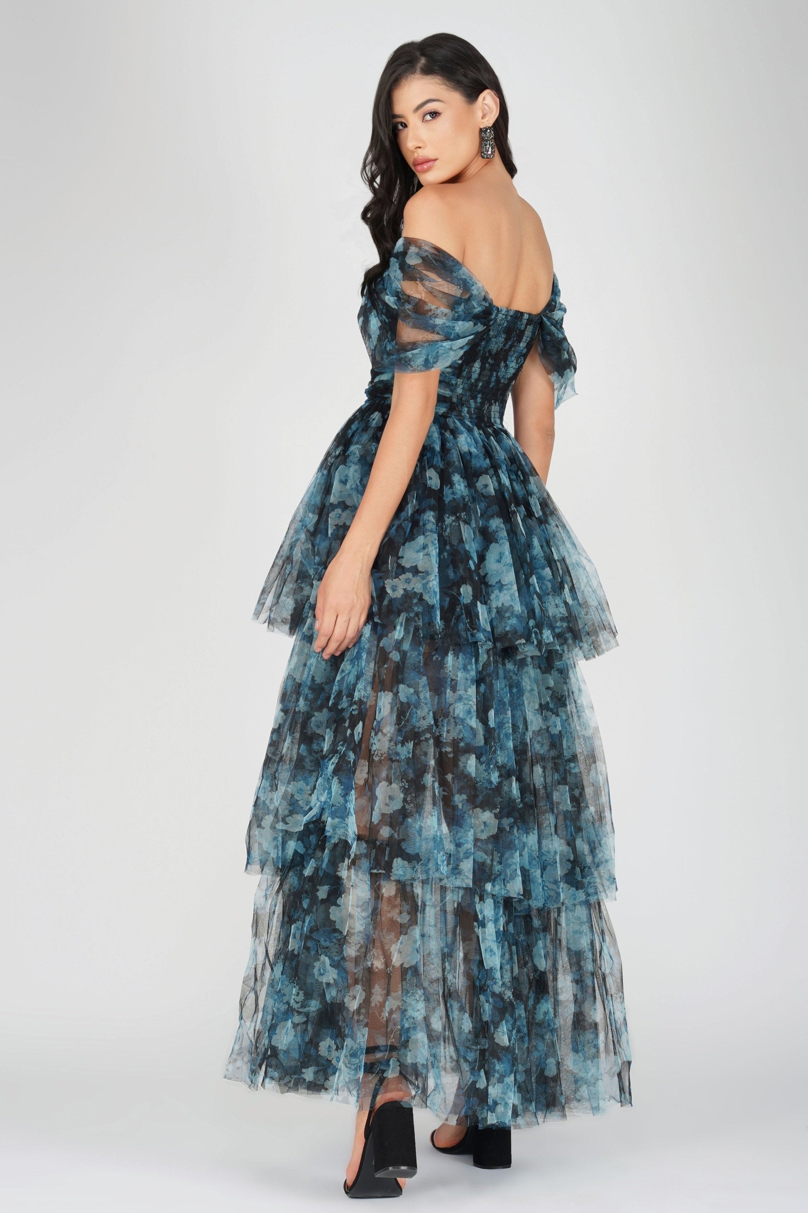 Elegant Blue Floral Sydney Tulle Maxi Dress for Women - Perfect for Weddings, Parties & Special Occasions