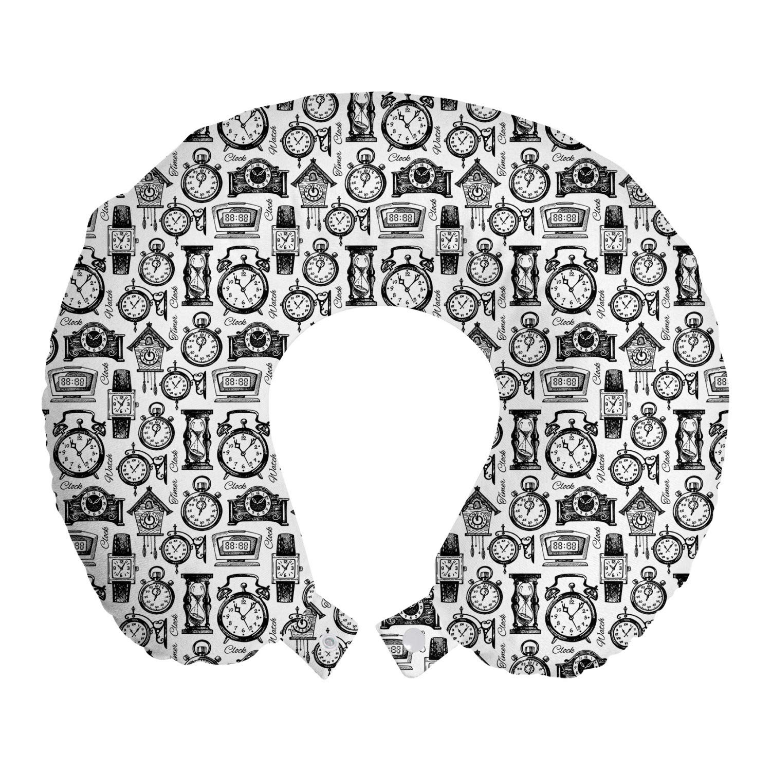 Ambesonne Memory Foam Travel Pillow - Vintage Hand-Drawn Clock Design, Black & White Monochrome Pattern, 12 Inch Neck Support for Airplane & Car Travel | Perfect for Long Flights, Road Trips & Commuting