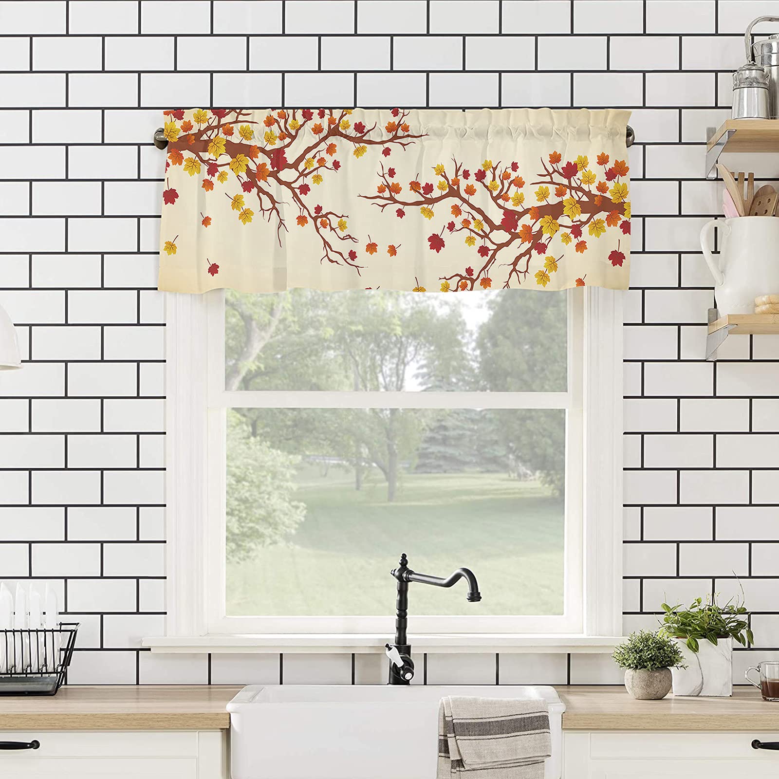 Autumn Branch Pattern Window Valance - 54x18 Inch Short Cafe Curtain Topper for Kitchen, Living Room & Bedroom - Perfect for Fall Decor & Cozy Home Styling