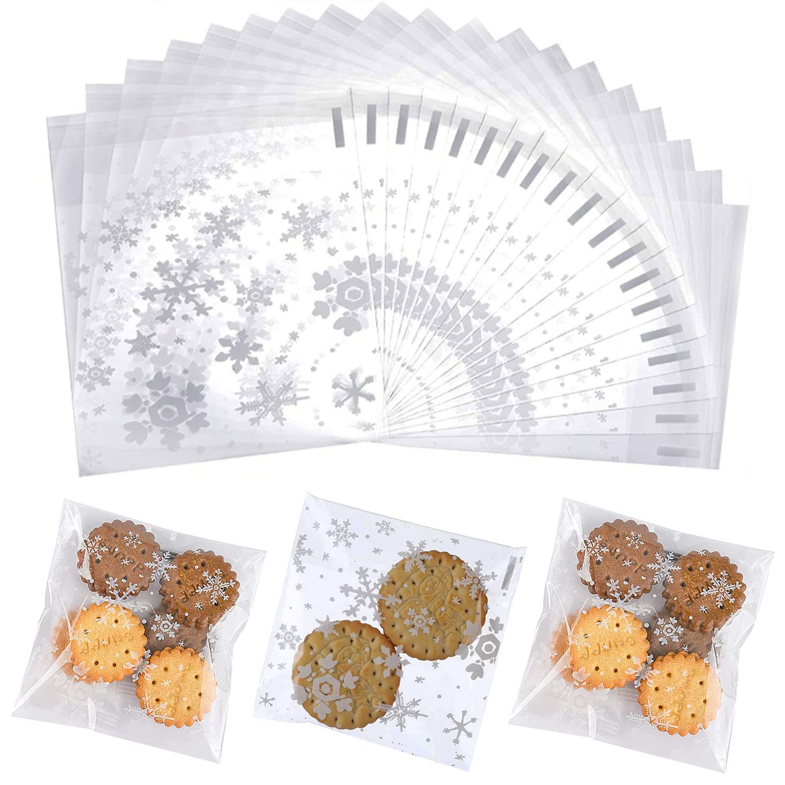 200PCS 5.5x5.5 inch Clear Christmas Cookie Bags with Snowflake Design - Resealable Self Sealing Treat Bags for Biscuits, Candy, Bakery Decorating - Perfect for Holiday Gifts, Christmas Parties & Birthday Celebrations
