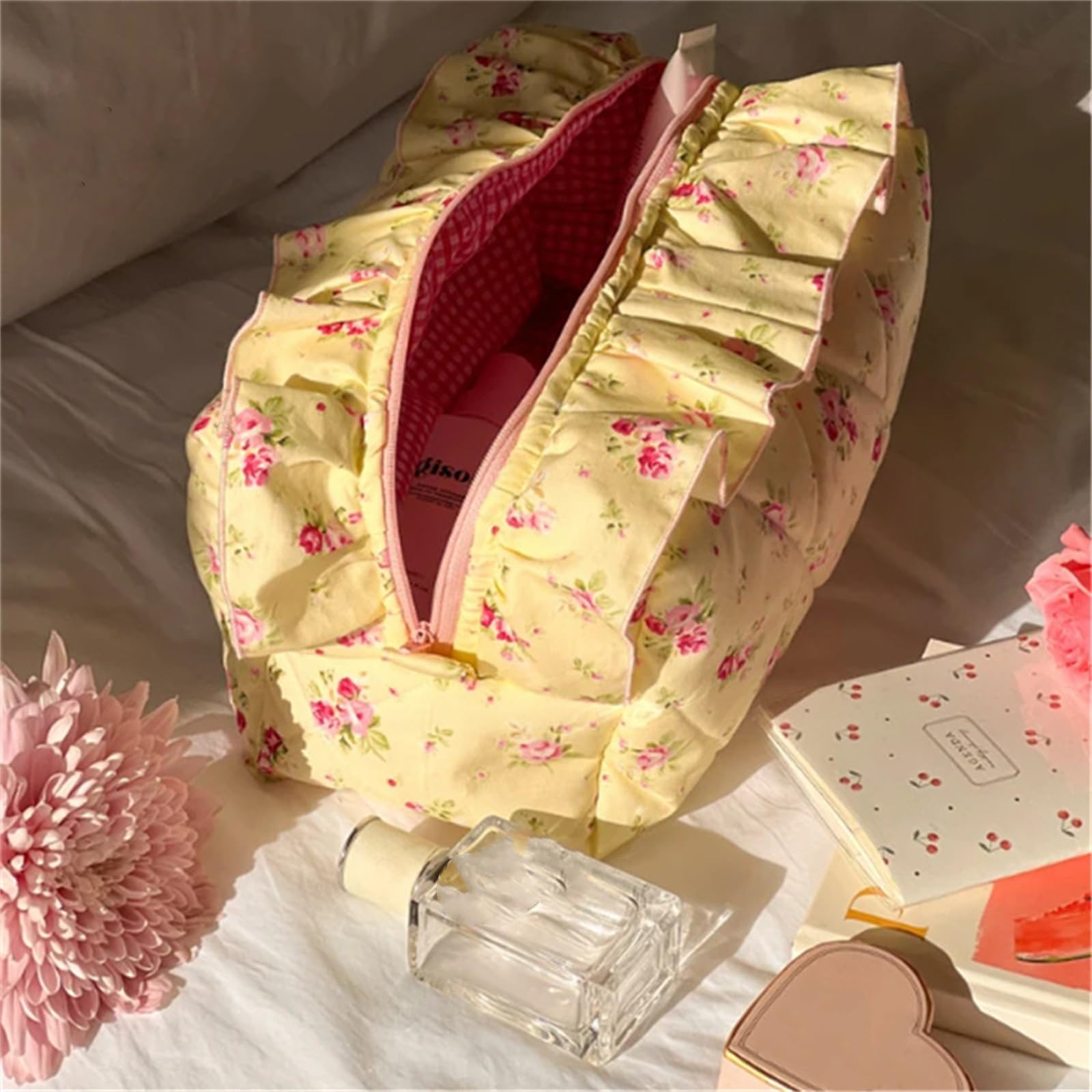 Cotton Makeup Bag Large Capacity Cosmetic Pouch - Stylish Coquette Toiletry Bag for Women & Girls, Yellow Floral Design - Perfect for Travel, Outdoor Camping, Hiking & Daily Use