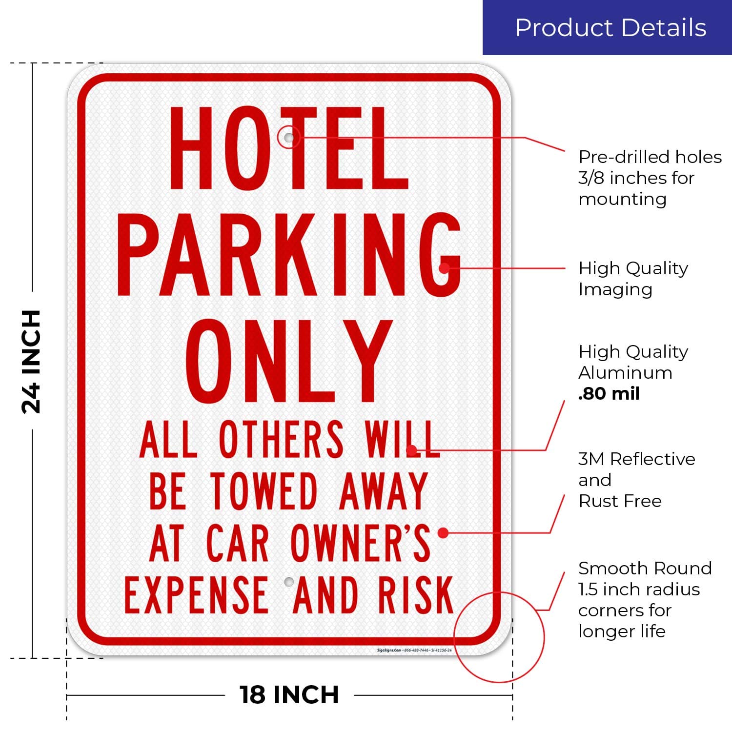 Hotel Parking Only - Other Vehicles Will Be Towed Sign | 18x24 Inches | 3M EGP Reflective .080 Aluminum | Fade-Resistant & Weatherproof | Easy Mounting | Indoor/Outdoor Use | Made in USA | Perfect for Hotels, Restaurants & Private Parking Enforcement